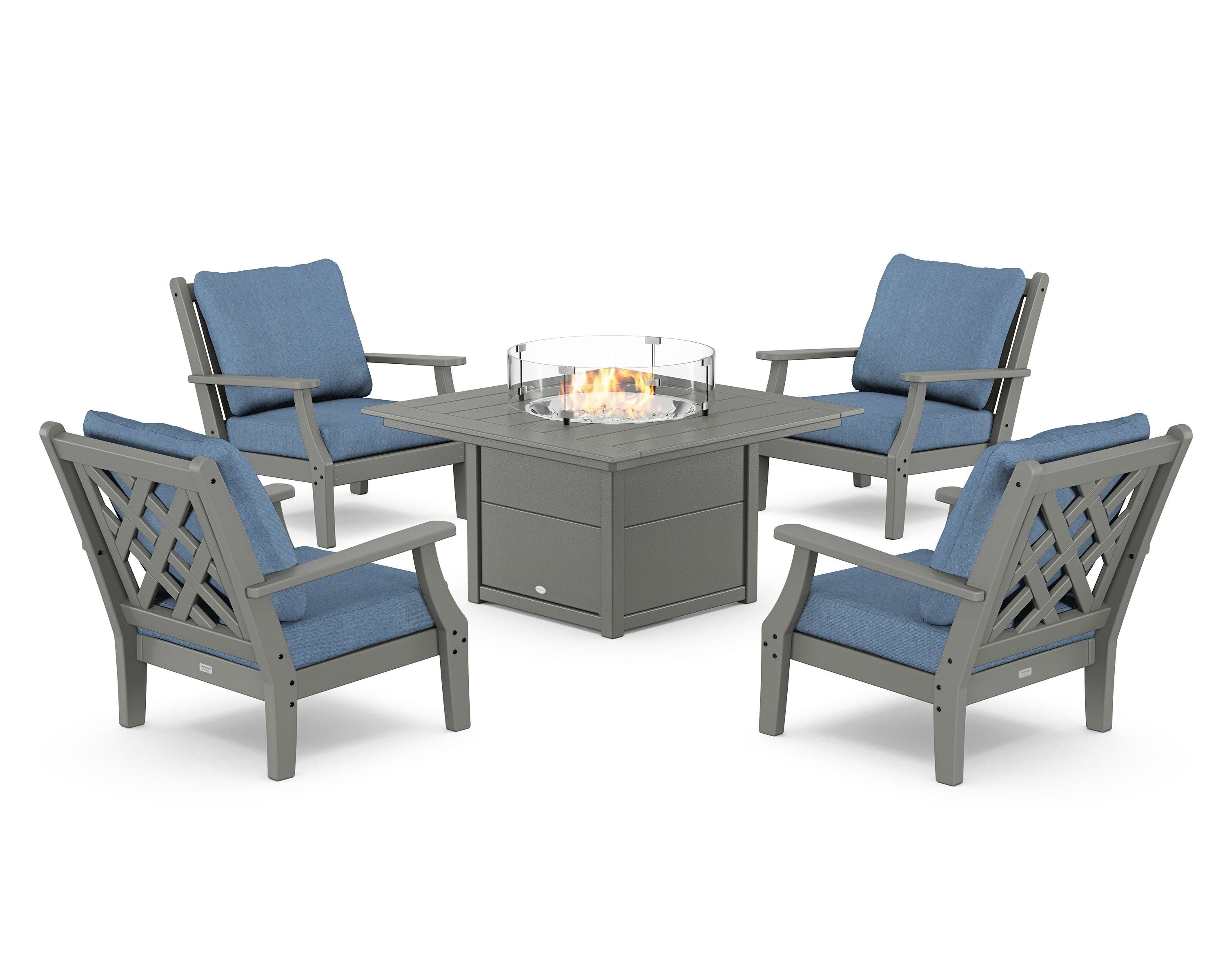 Country Living Wovendale 5-Piece Deep Seating Set with Fire Pit Table in Slate Grey / Sky Blue