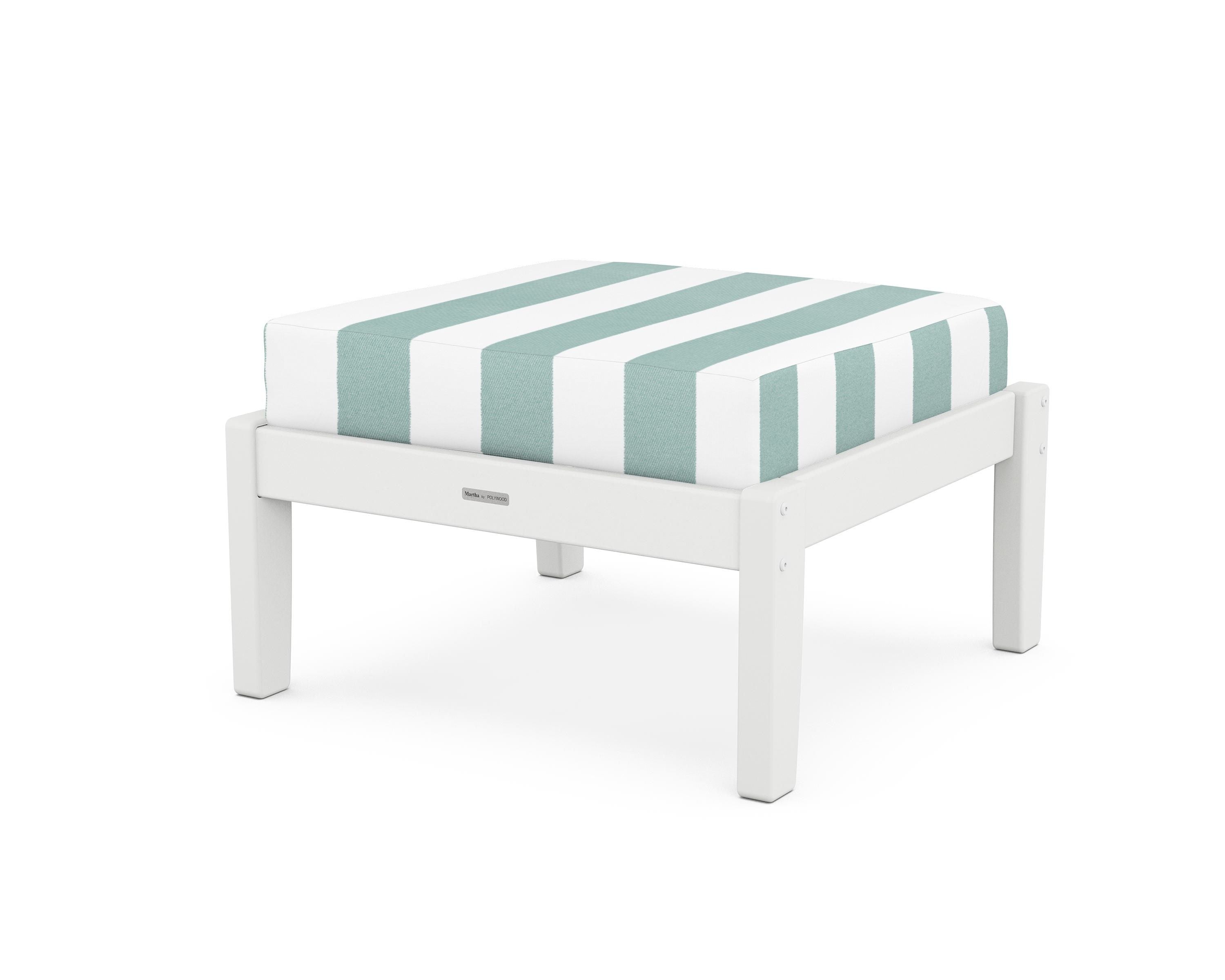 Martha Stewart by POLYWOOD® Chinoiserie Deep Seating Ottoman in White / Cabana Stripe Glacier Spa