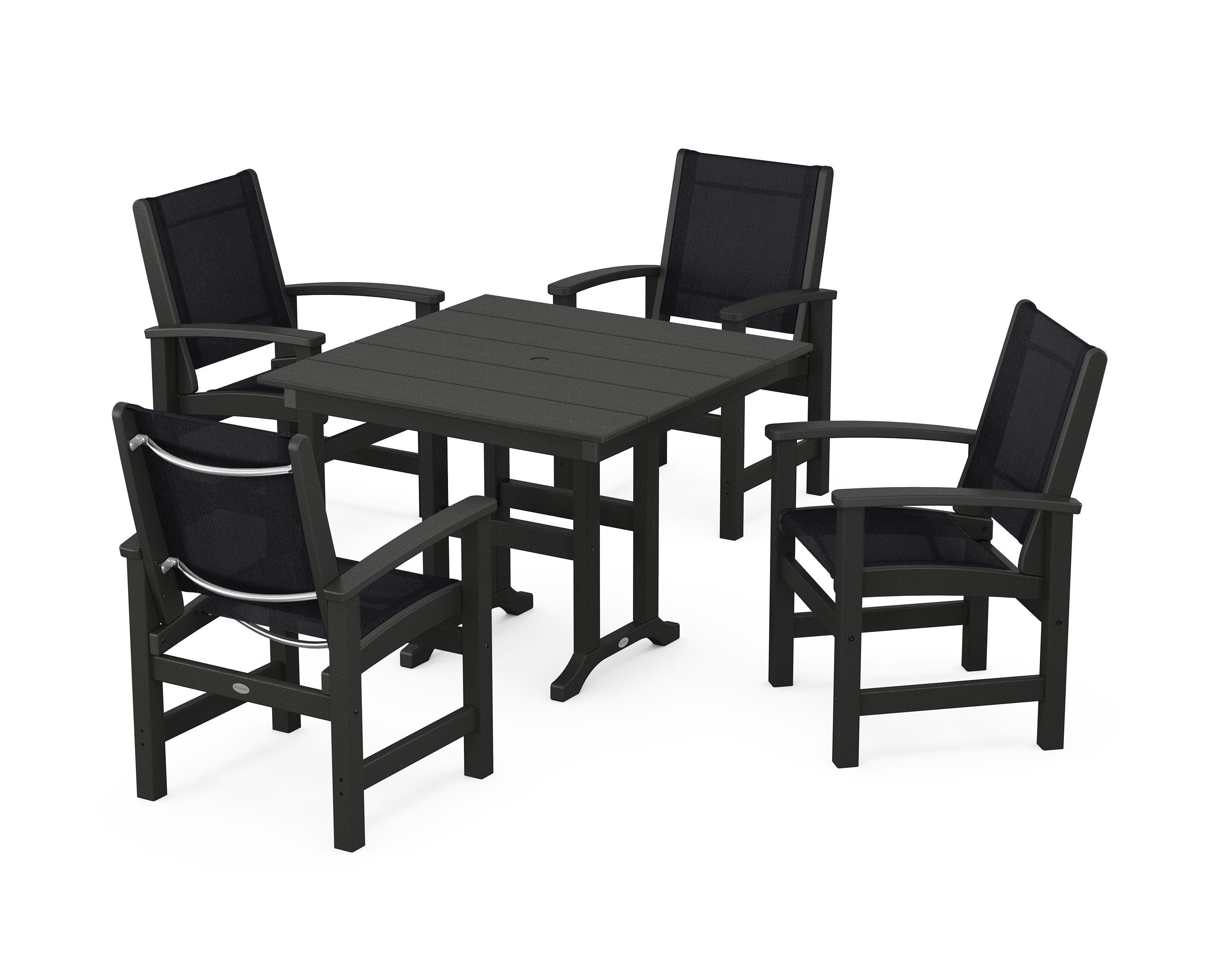 POLYWOOD® Coastal 5-Piece Farmhouse Dining Set in Black / Black Sling