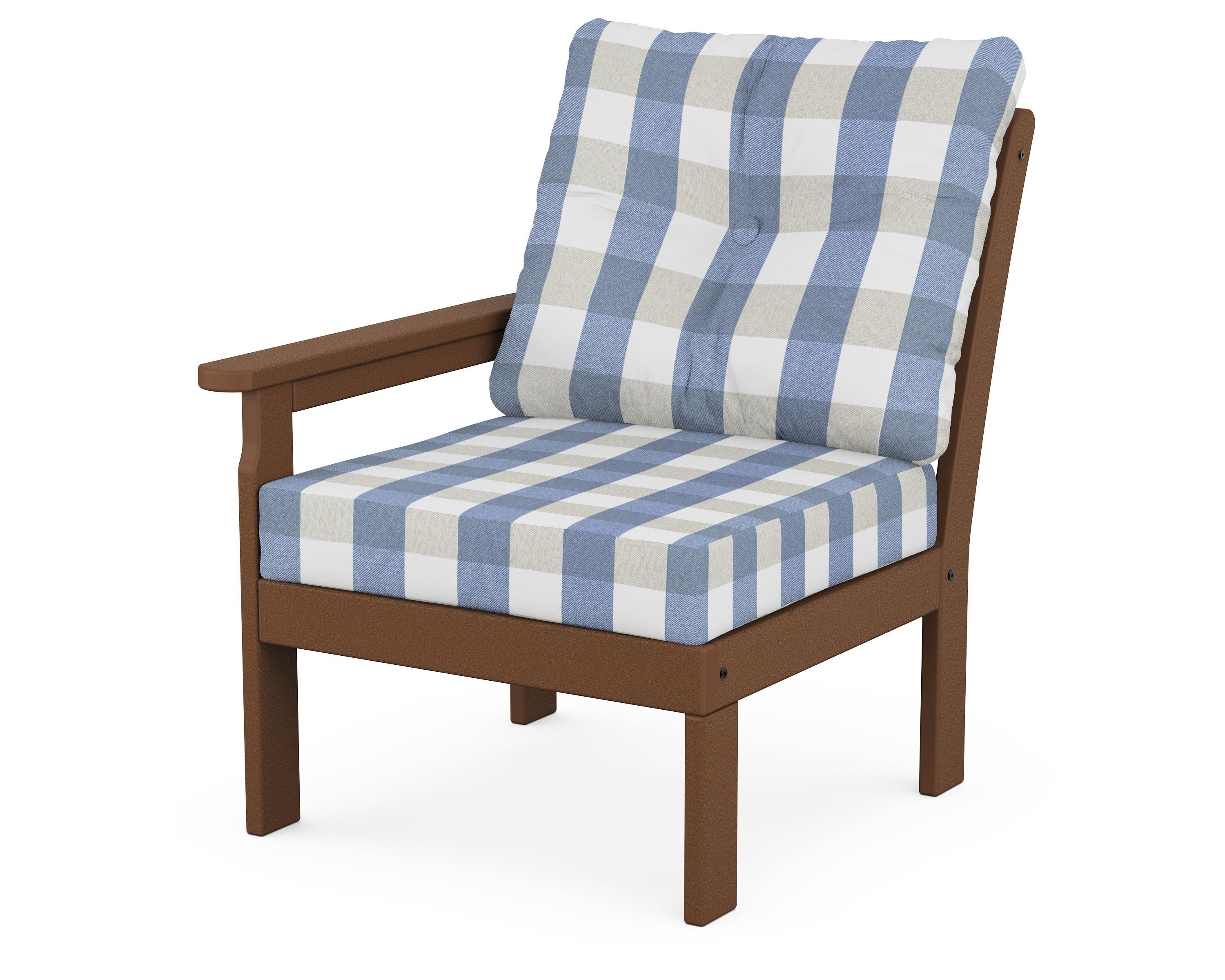 POLYWOOD® Vineyard Modular Left Arm Chair in Teak / Buffalo Plaid Sky Blue