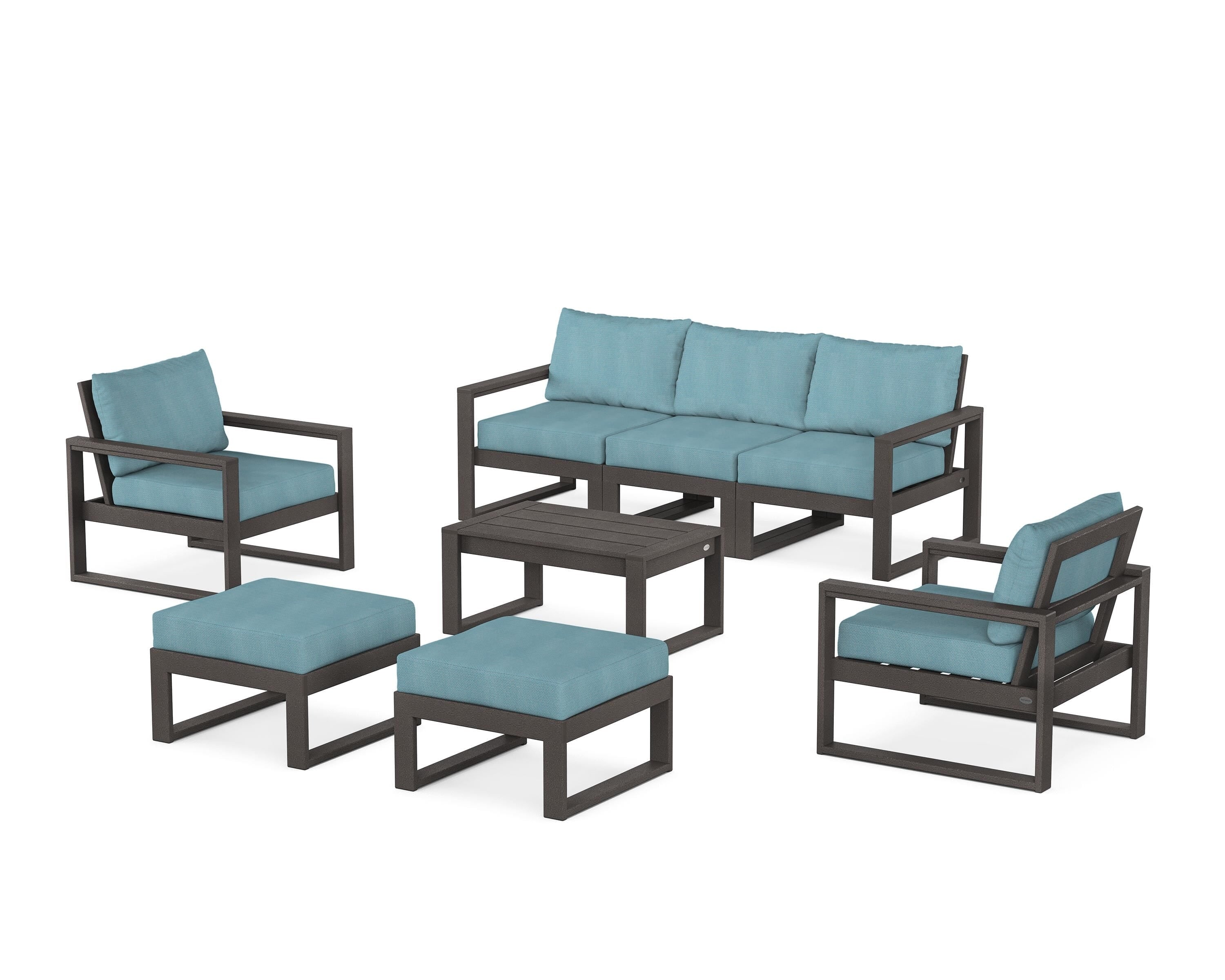 POLYWOOD® EDGE Sectional 8-Piece Lounge Sofa Set in Vintage Coffee / Lattice Sky Blue
