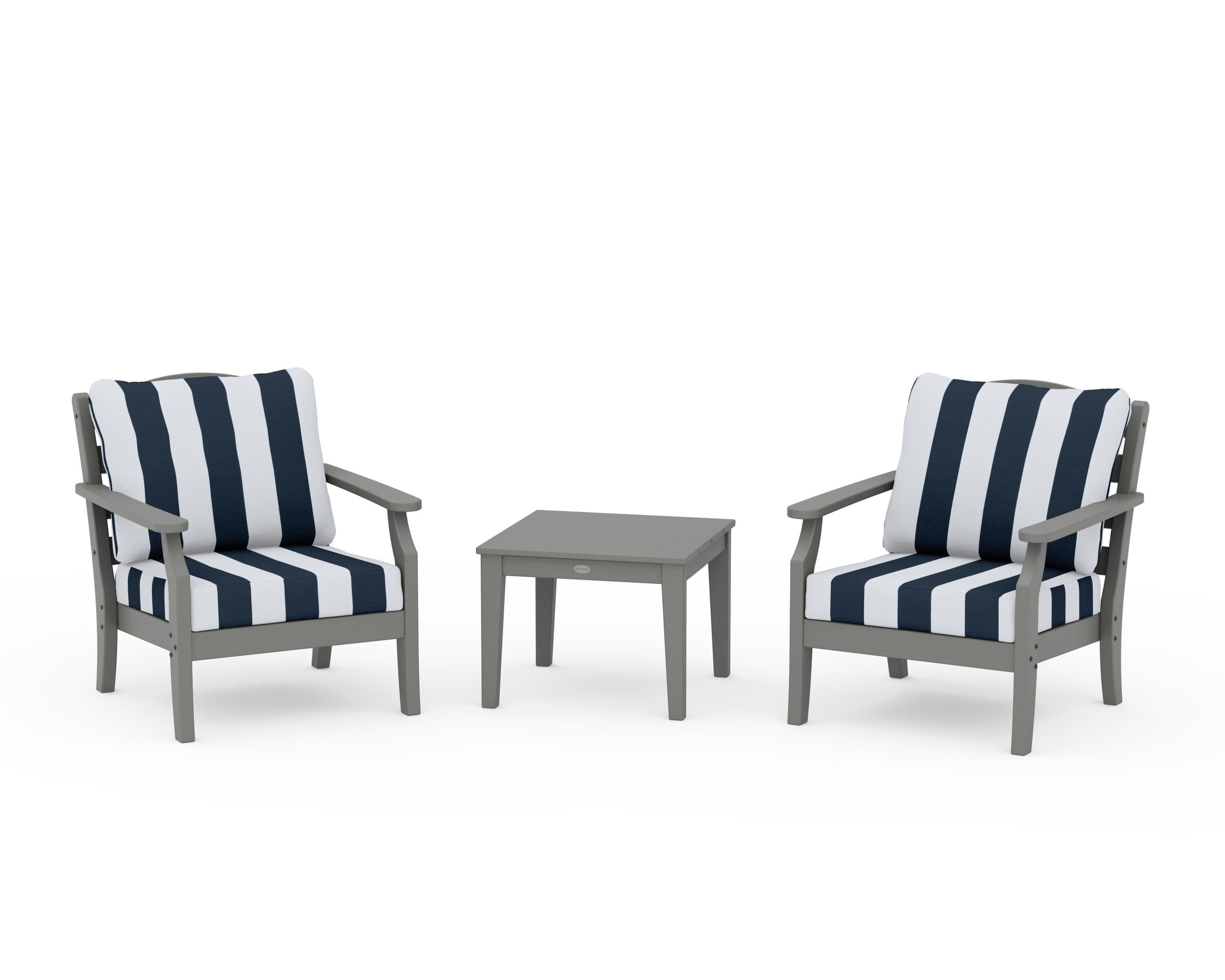 Draper James™ by POLYWOOD® Savannah 3-Piece Deep Seating Set in Slate Grey / Cabana Stripe Marine Indigo
