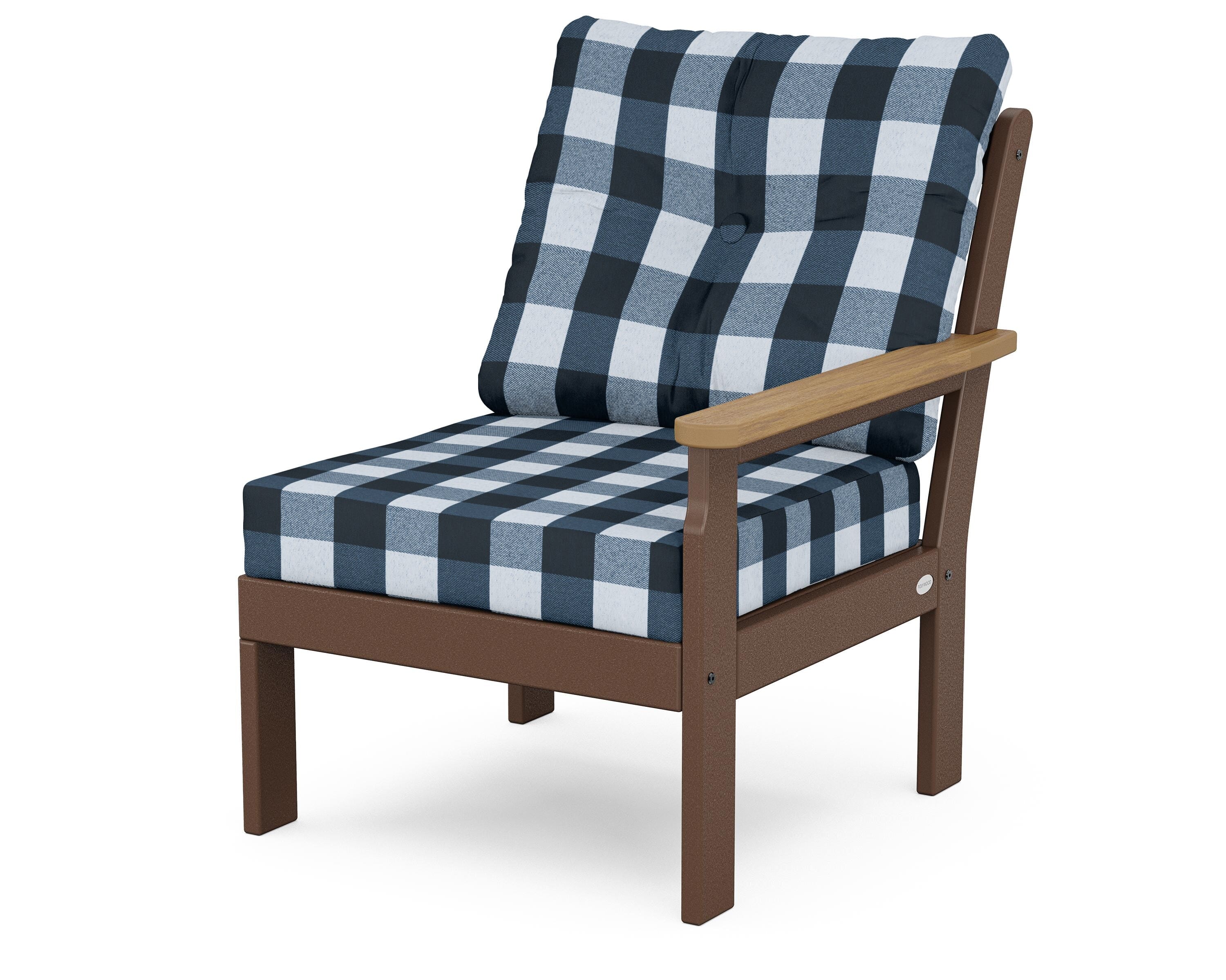 POLYWOOD® Vineyard Modular Right Arm Chair in Mahogany / Natural / Buffalo Plaid Marine Indigo