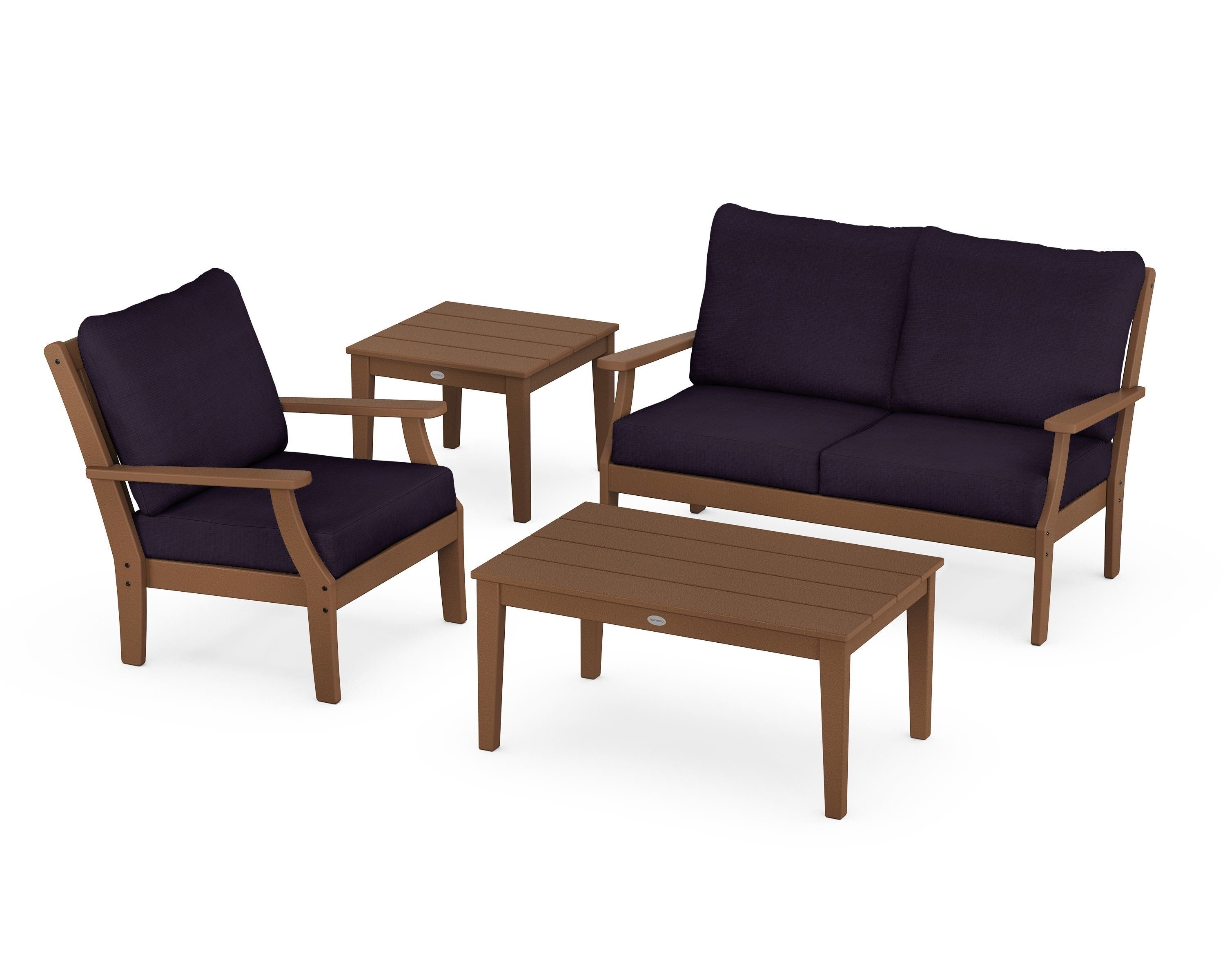 POLYWOOD® Braxton 4-Piece Deep Seating Set in Teak / Navy Linen
