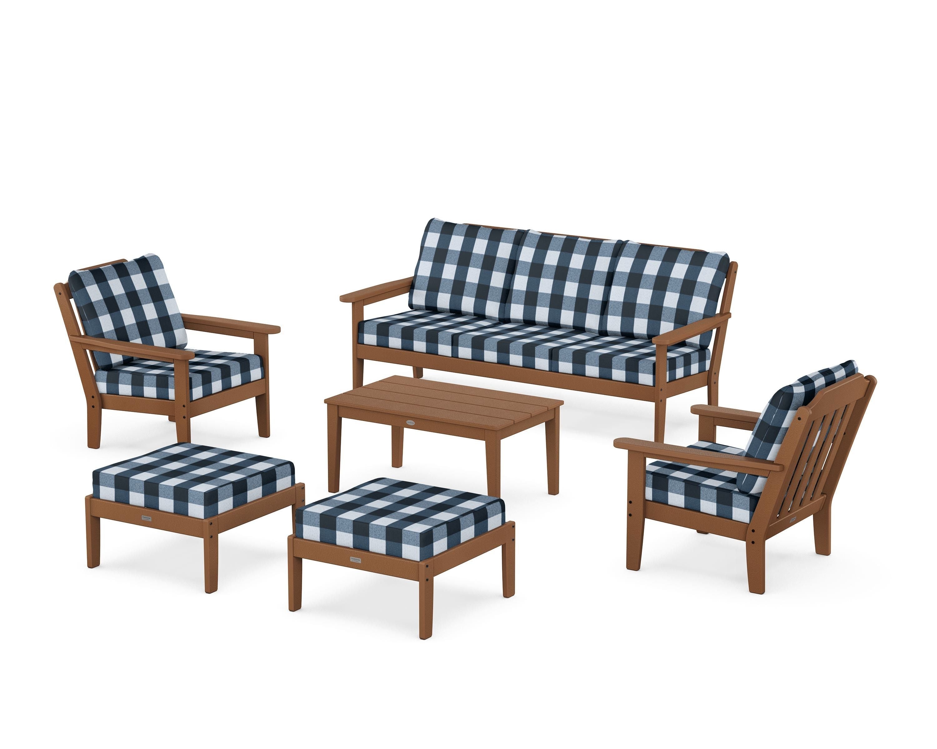 Country Living Cottage 6-Piece Lounge Sofa Set in Teak / Buffalo Plaid Marine Indigo
