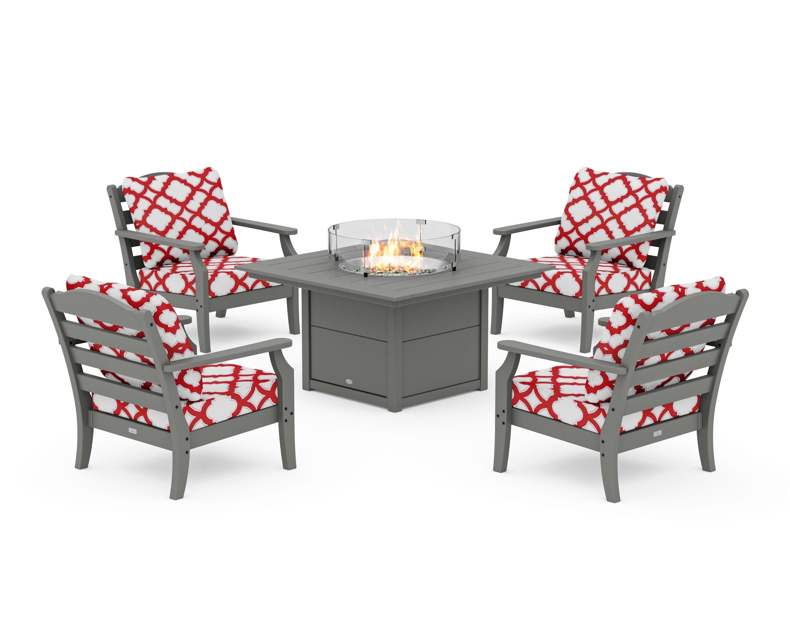 Draper James™ by POLYWOOD® Savannah 5-Piece Deep Seating Set with Fire Pit Table in Slate Grey / Trellis Crimson