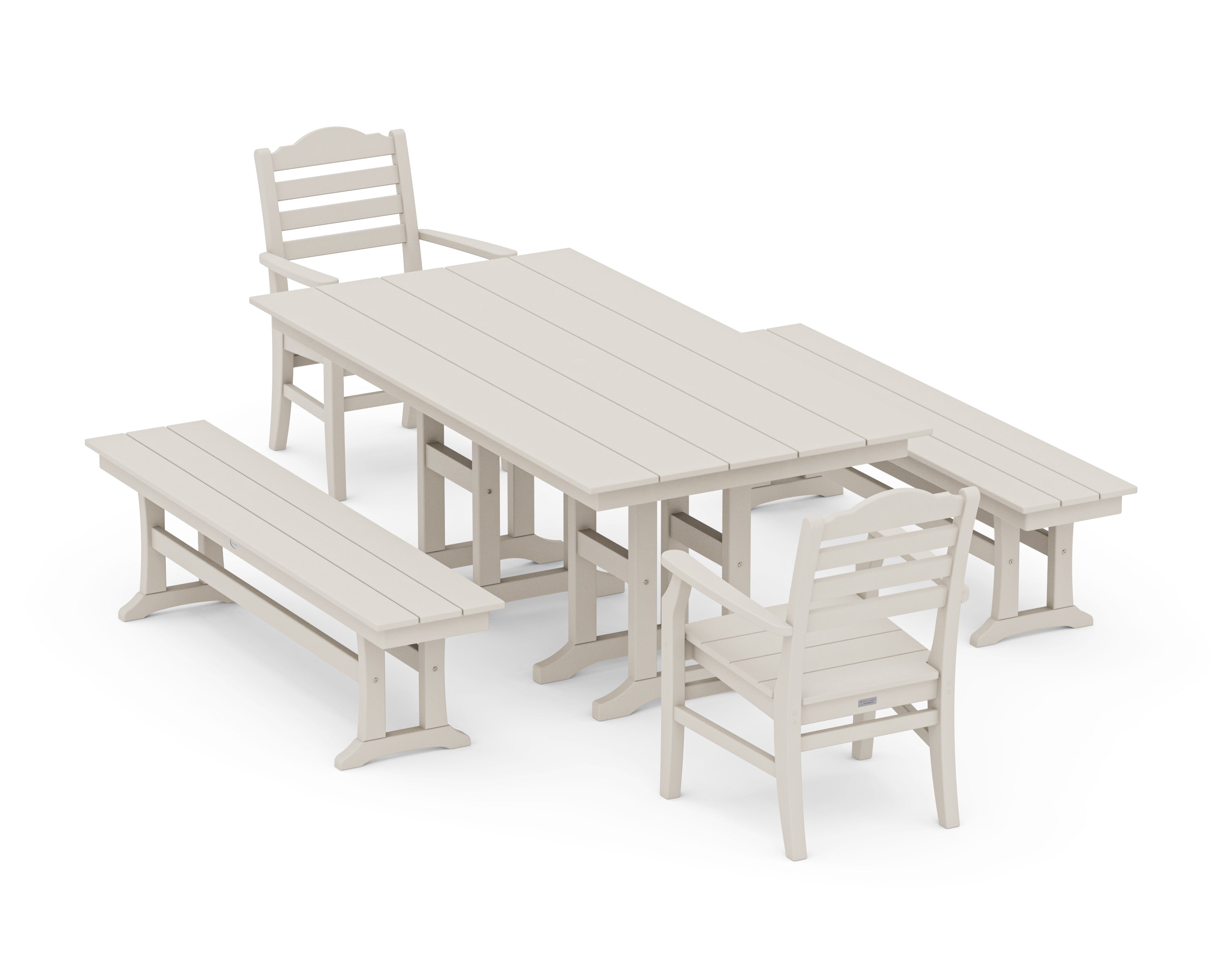 POLYWOOD® Savannah 5-Piece Farmhouse Dining Set with Benches in Sand