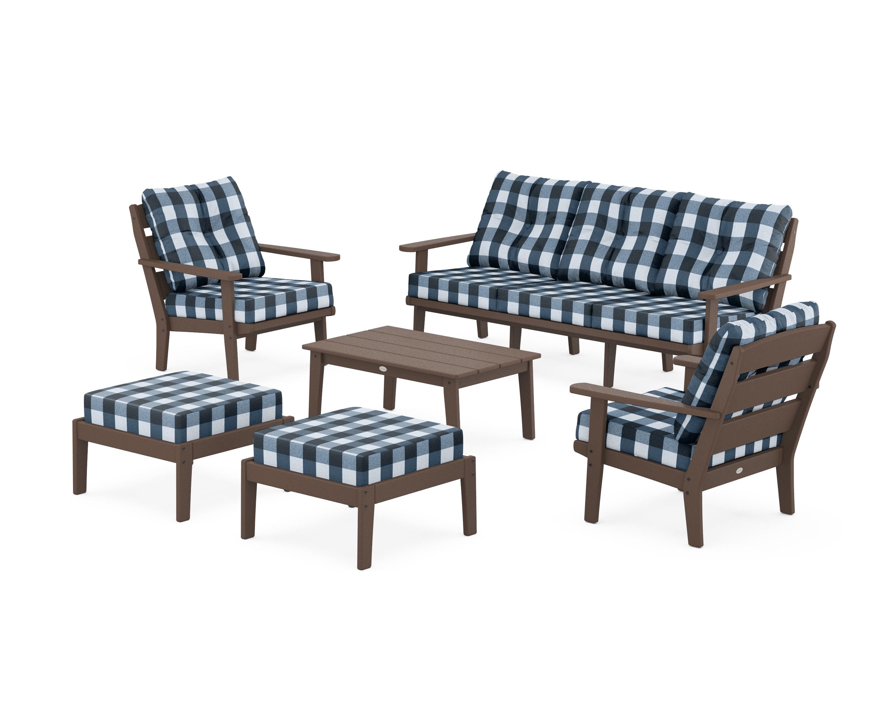 POLYWOOD® Lakeside 6-Piece Lounge Sofa Set in Mahogany / Buffalo Plaid Marine Indigo