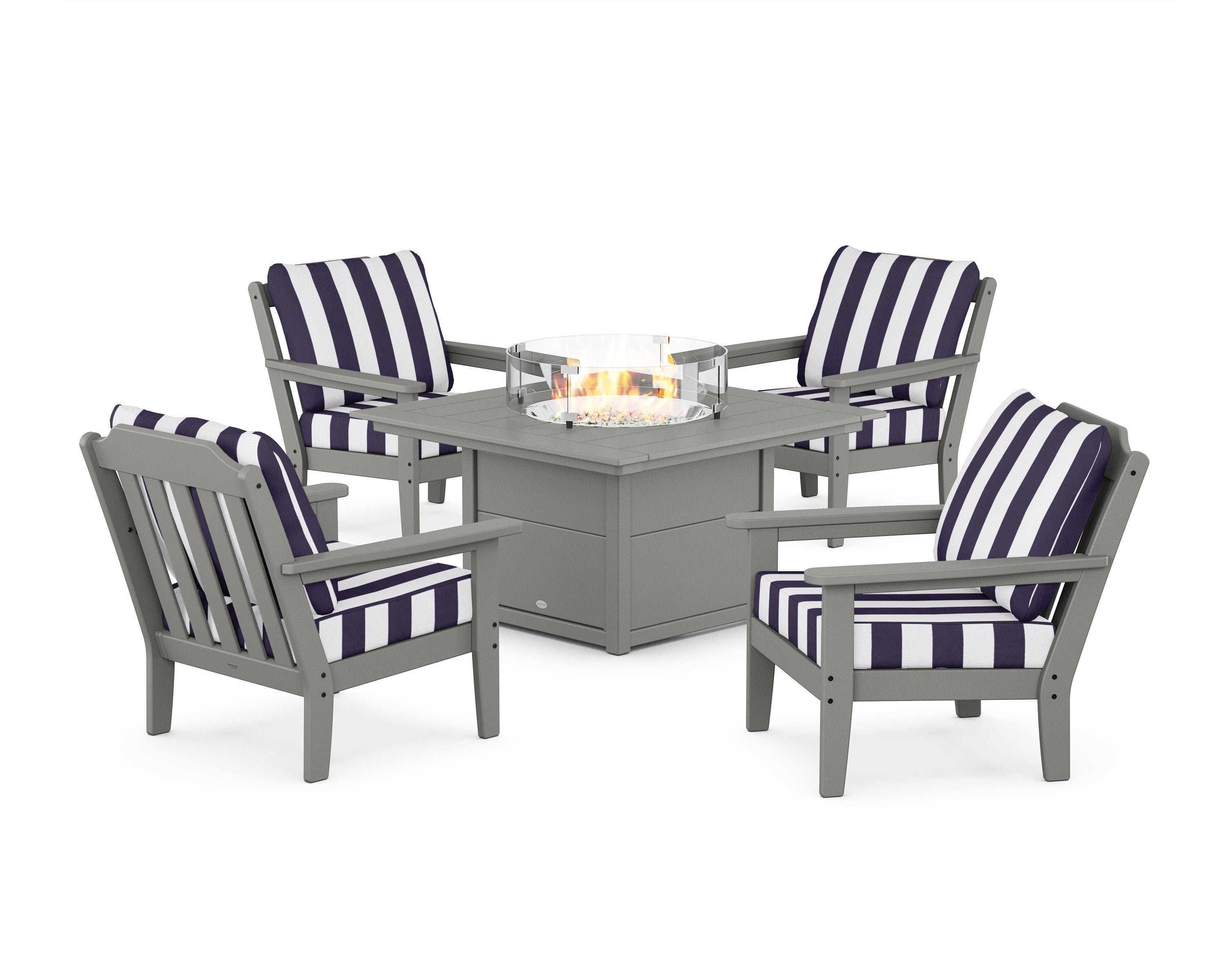 Country Living Cottage 5-Piece Deep Seating Set with Fire Pit Table in Slate Grey / Cabana Stripe Navy