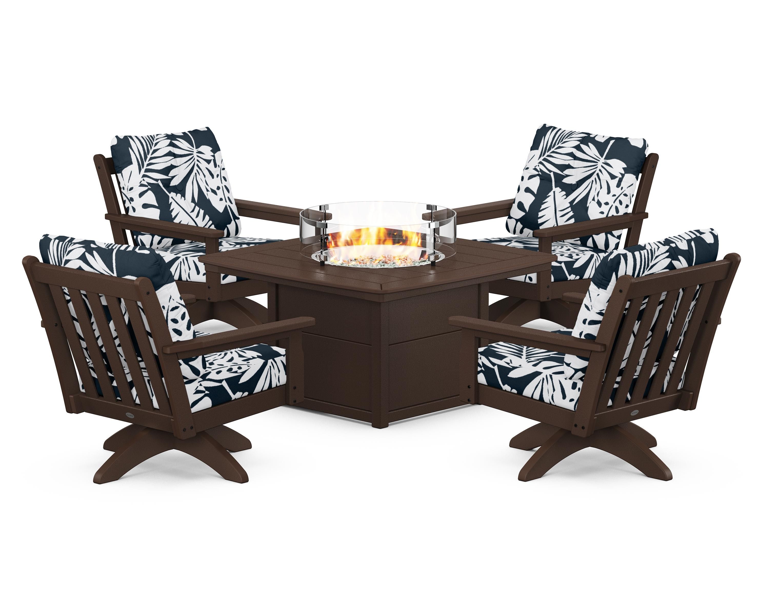 POLYWOOD® Vineyard 5-Piece Deep Seating Swivel Conversation Set with Fire Pit Table in Mahogany / Leaf Marine Indigo