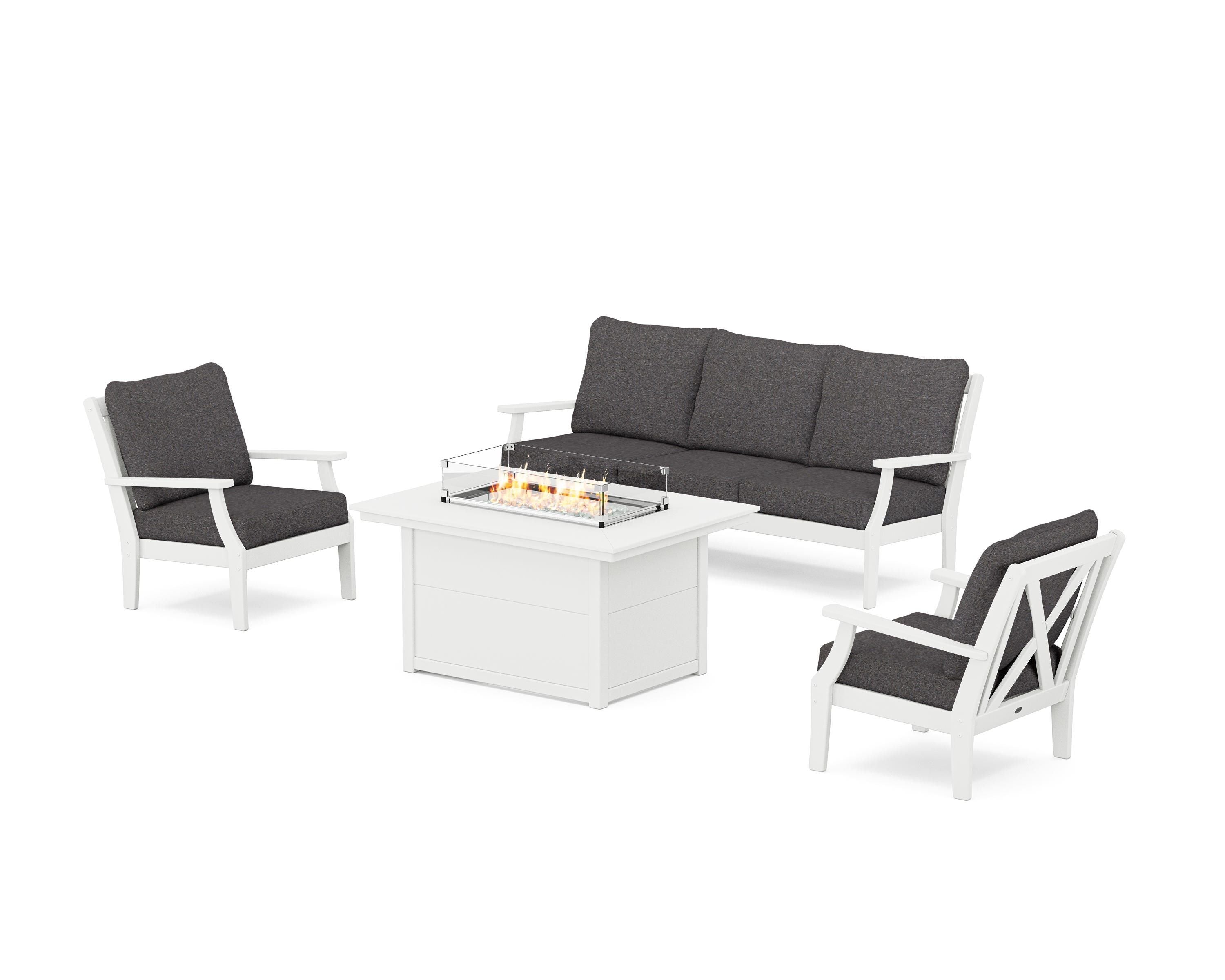POLYWOOD® Braxton Deep Seating Fire Pit Table Set in White / Ash Charcoal