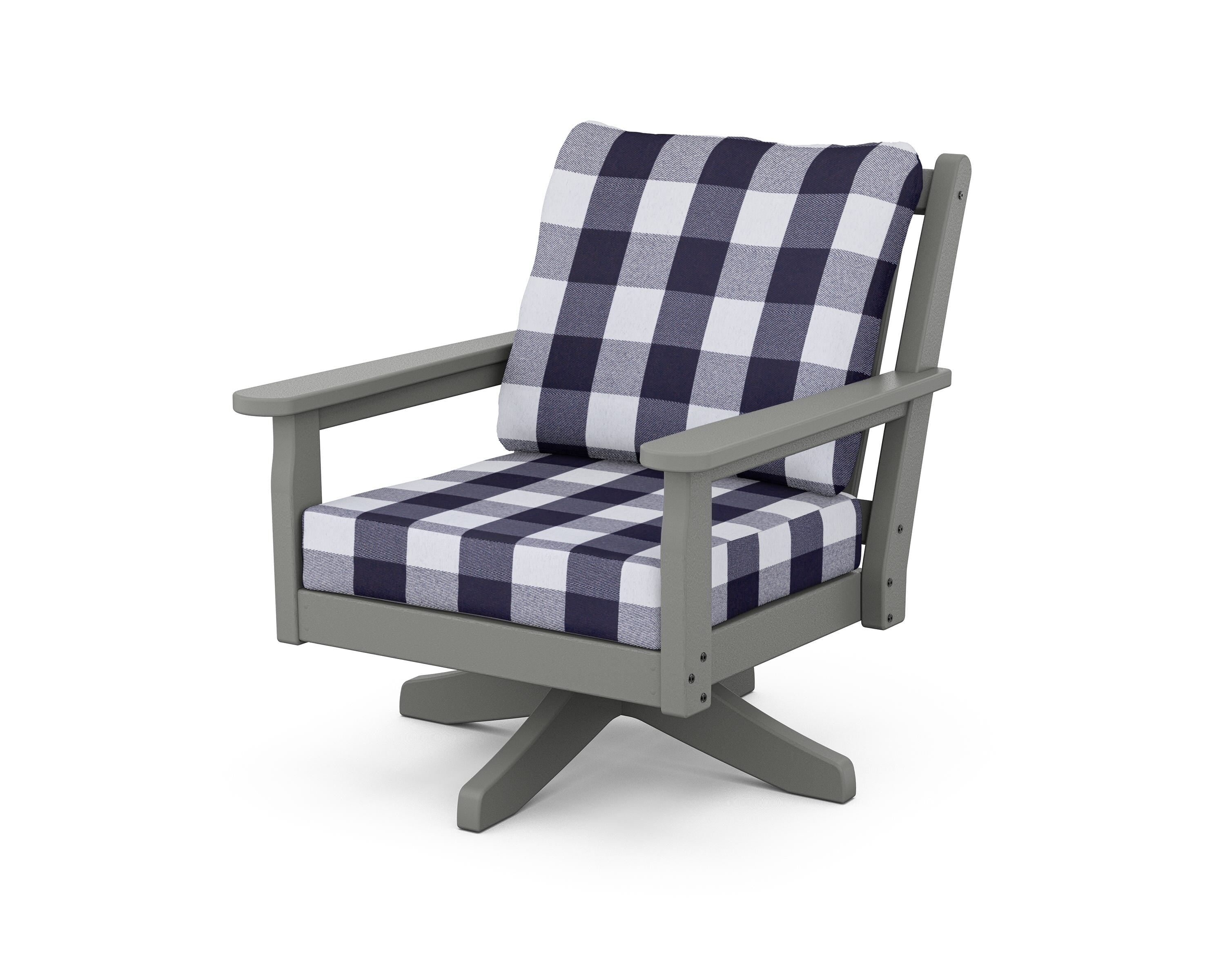 POLYWOOD® Chippendale Deep Seating Swivel Chair in Slate Grey / Buffalo Plaid Navy