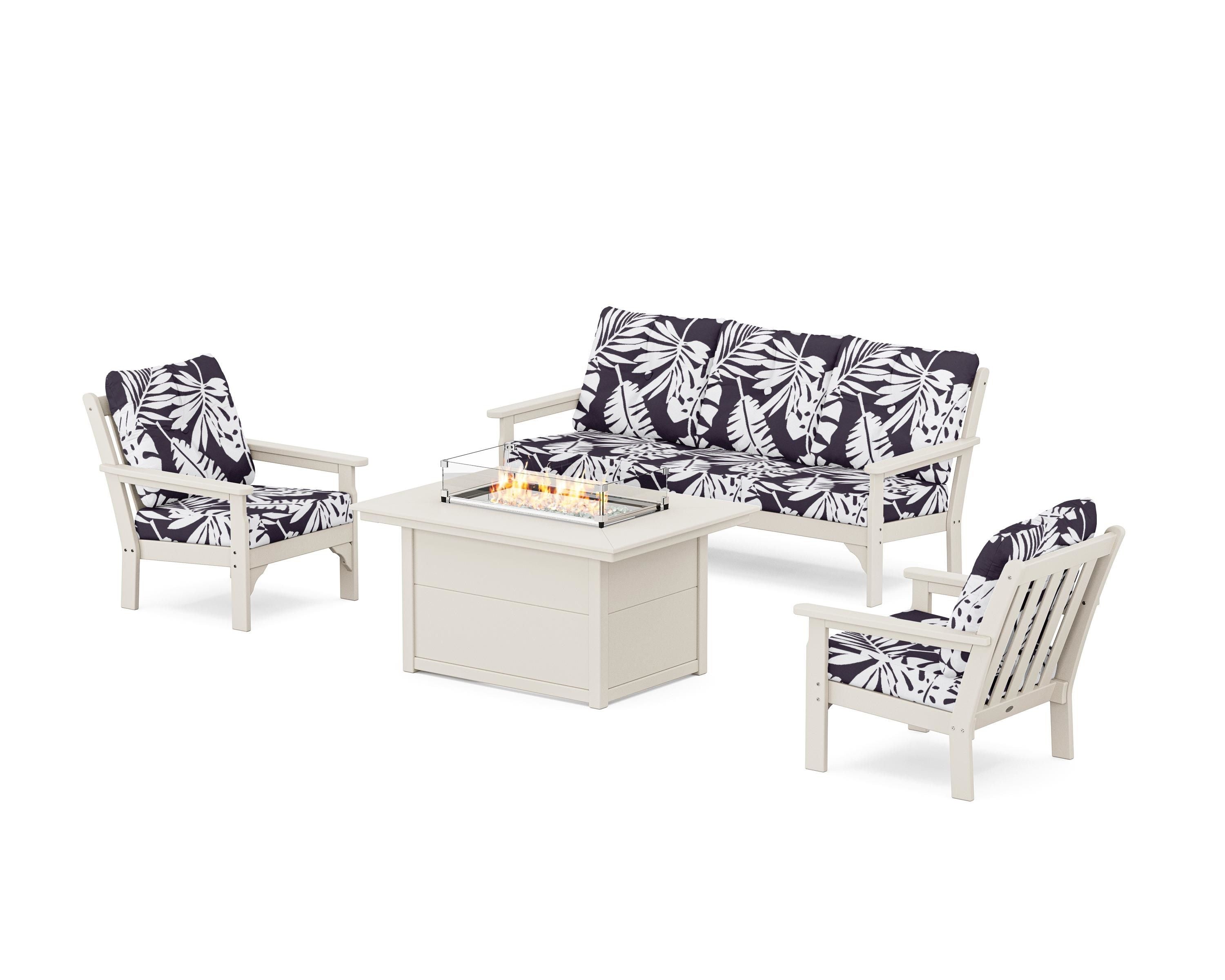 POLYWOOD® Vineyard Deep Seating Fire Pit Table Set in Sand / Leaf Navy