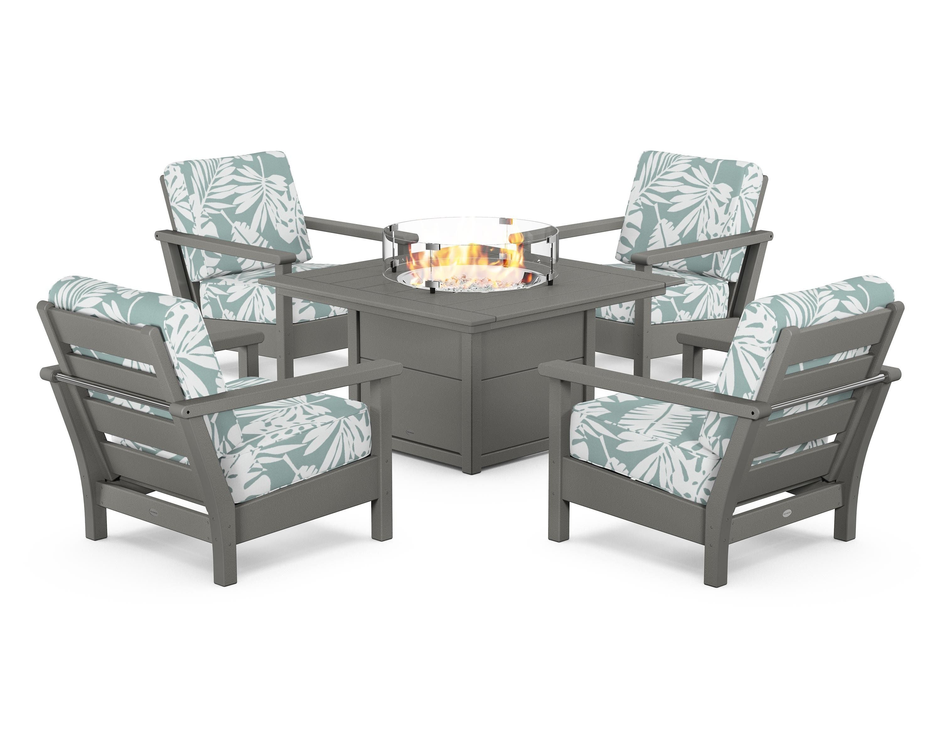 POLYWOOD® Harbour 5-Piece Conversation Set with Fire Pit Table in Slate Grey / Leaf Glacier Spa