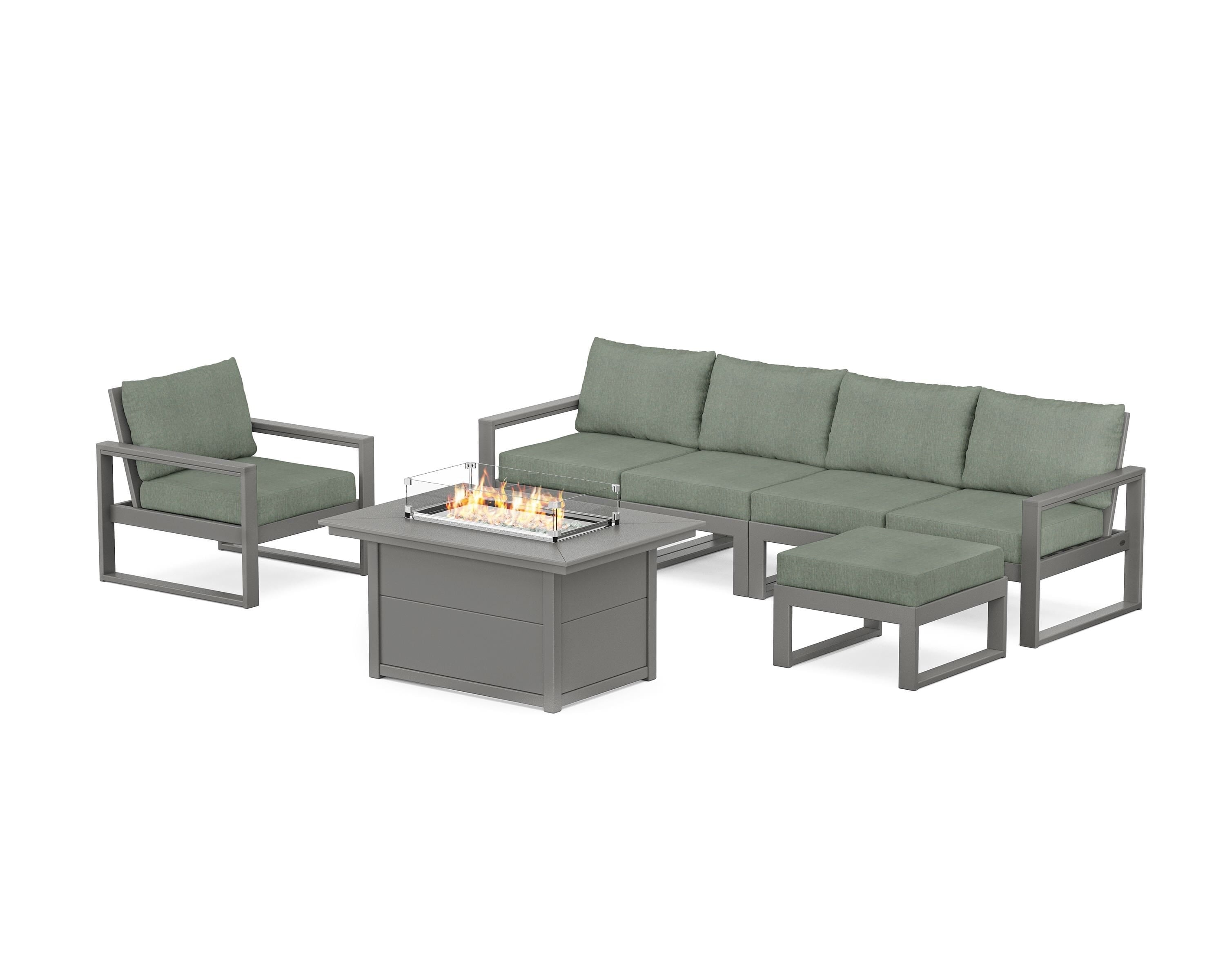 POLYWOOD® EDGE Sectional Lounge and Fire Pit Set in Slate Grey / Cast Sage