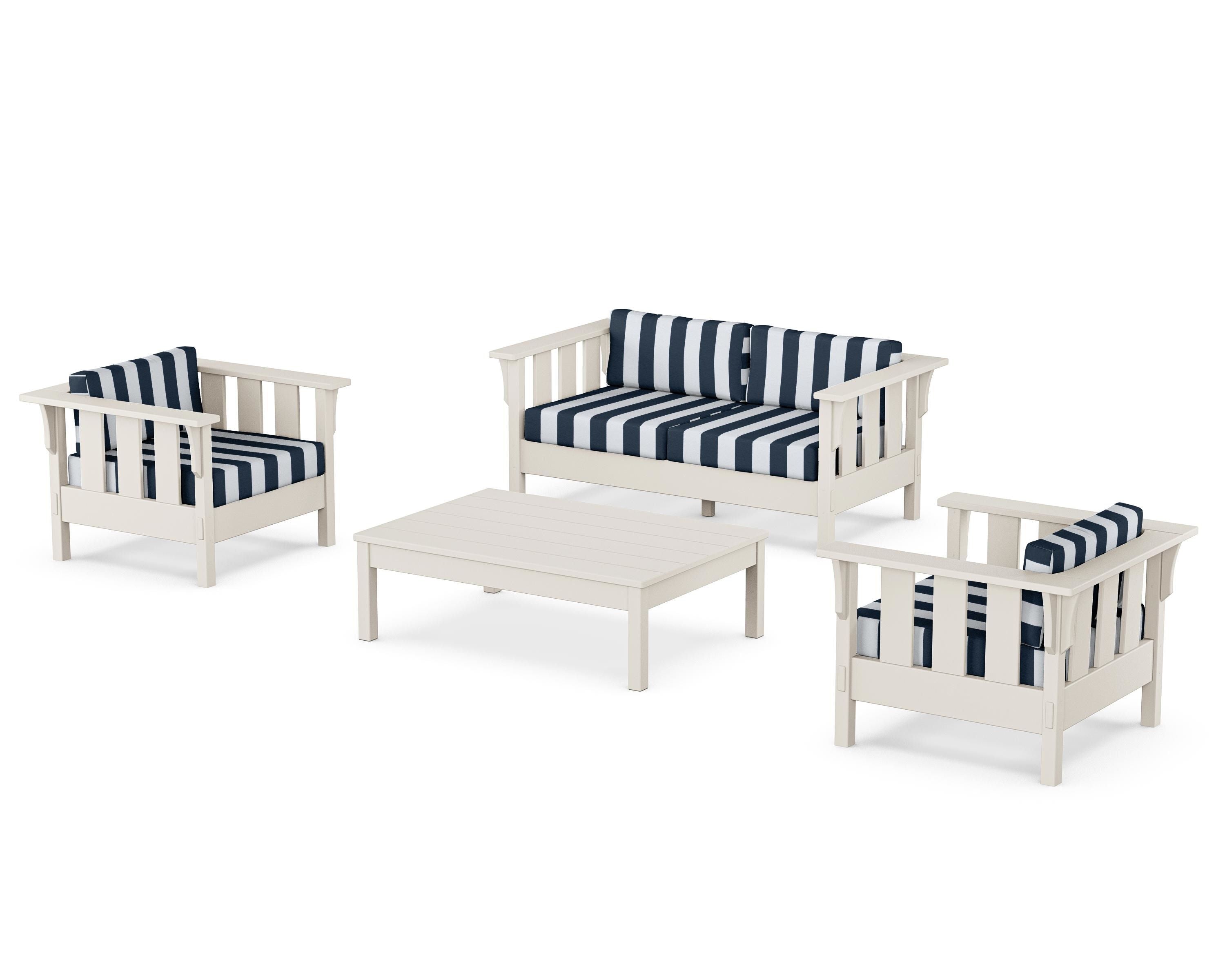 Martha Stewart by POLYWOOD® Acadia 4-Piece Deep Seating Set with Loveseat in Sand / Cabana Stripe Marine Indigo