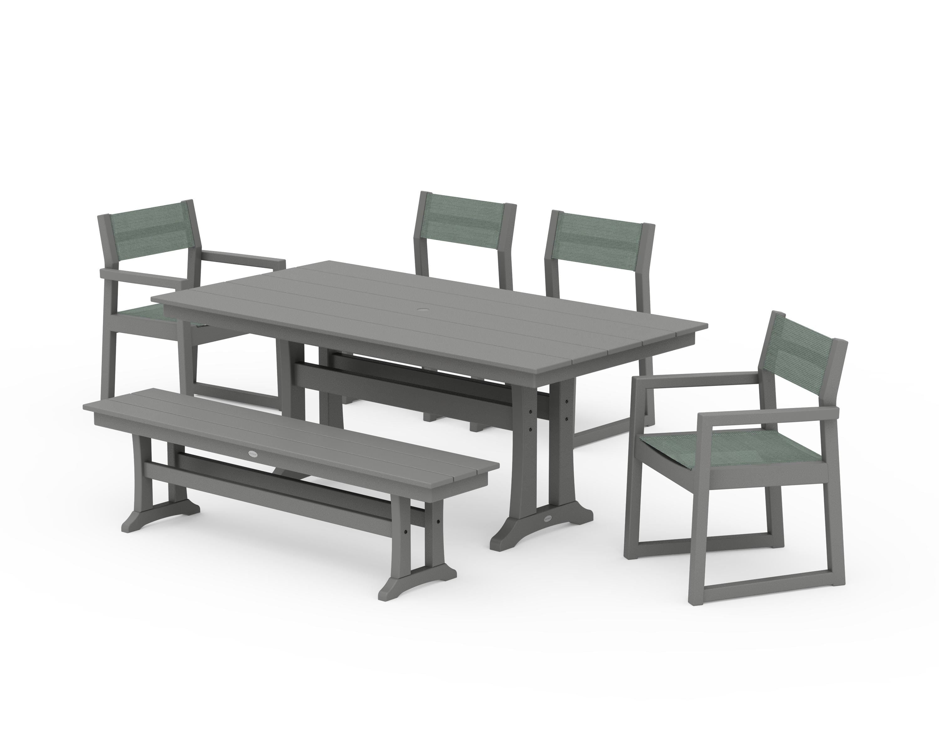 POLYWOOD® EDGE Sling 6-Piece Farmhouse Dining Set With Trestle Legs in Slate Grey / Dupioni Sea Mist Sling