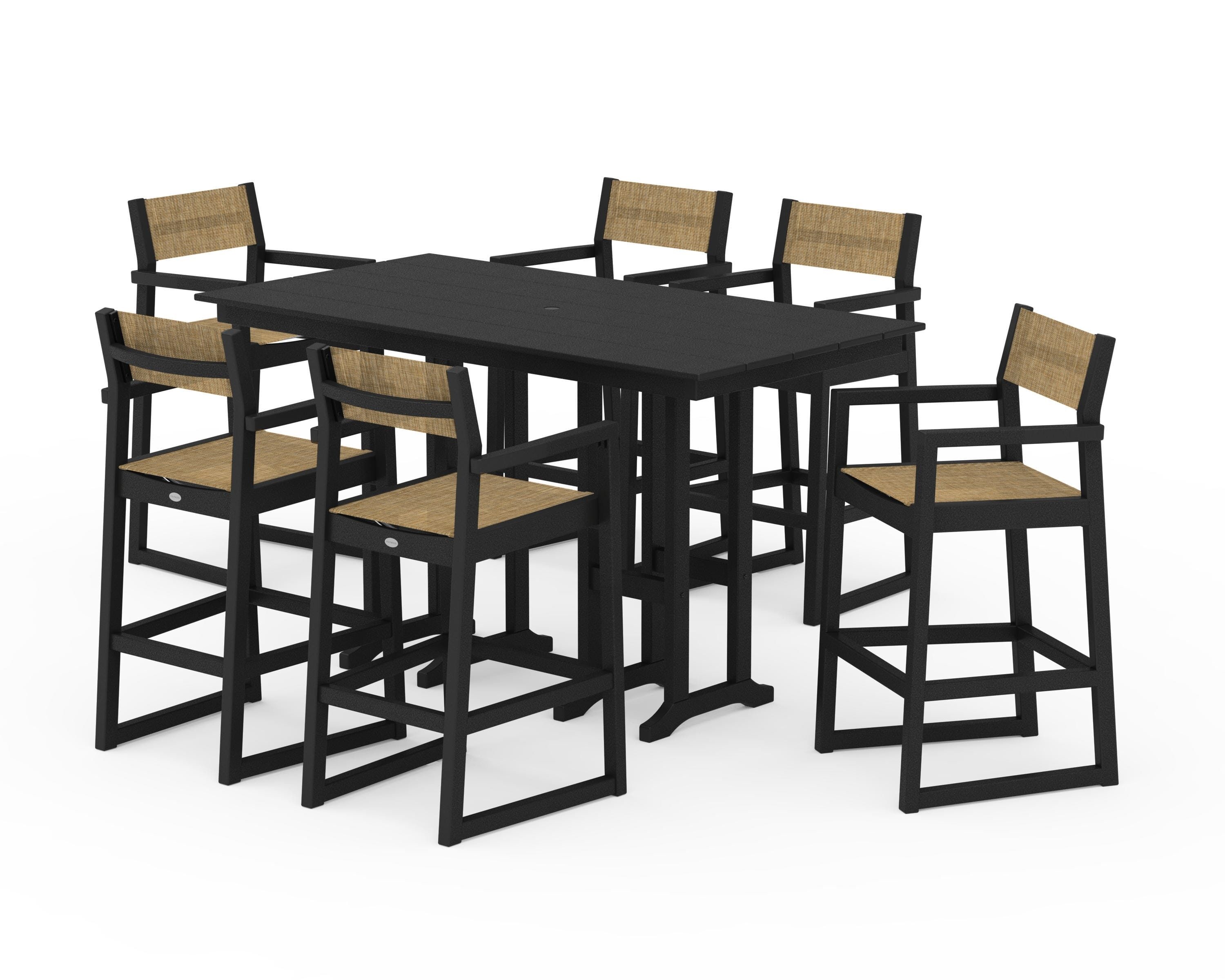 POLYWOOD® EDGE Sling Arm Chair 7-Piece Farmhouse Bar Set in Black / Burlap Sling
