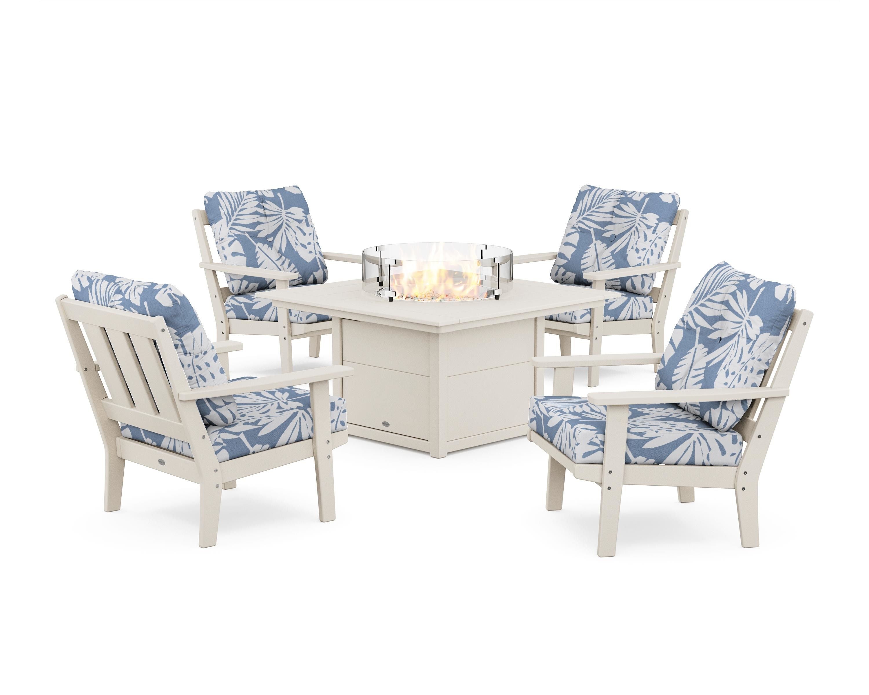 POLYWOOD® Oxford 5-Piece Deep Seating Set with Fire Pit Table in Sand / Leaf Sky Blue