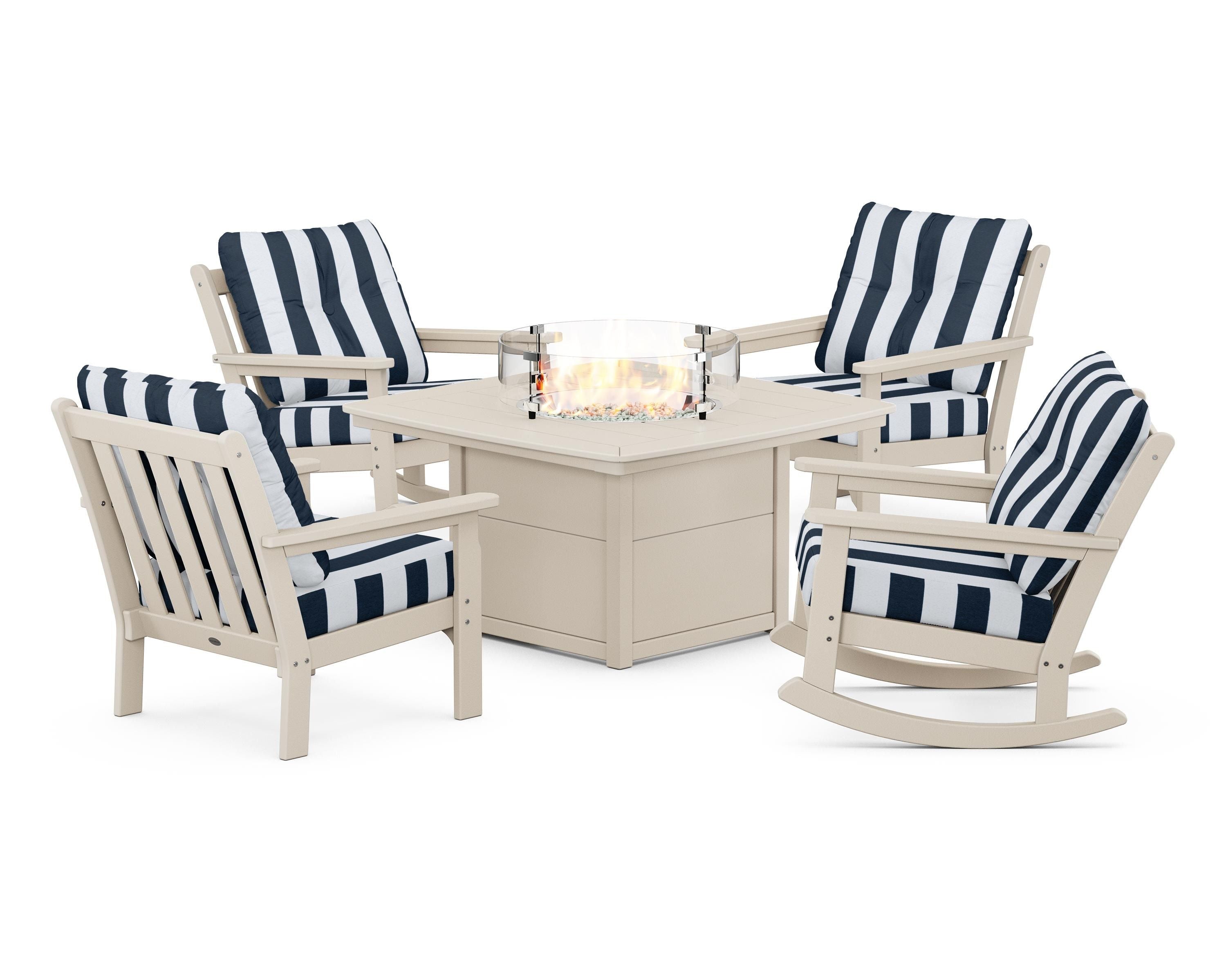 POLYWOOD® Vineyard 5-Piece Deep Seating Rocking Chair Conversation Set with Fire Pit Table in Sand / Cabana Stripe Marine Indigo