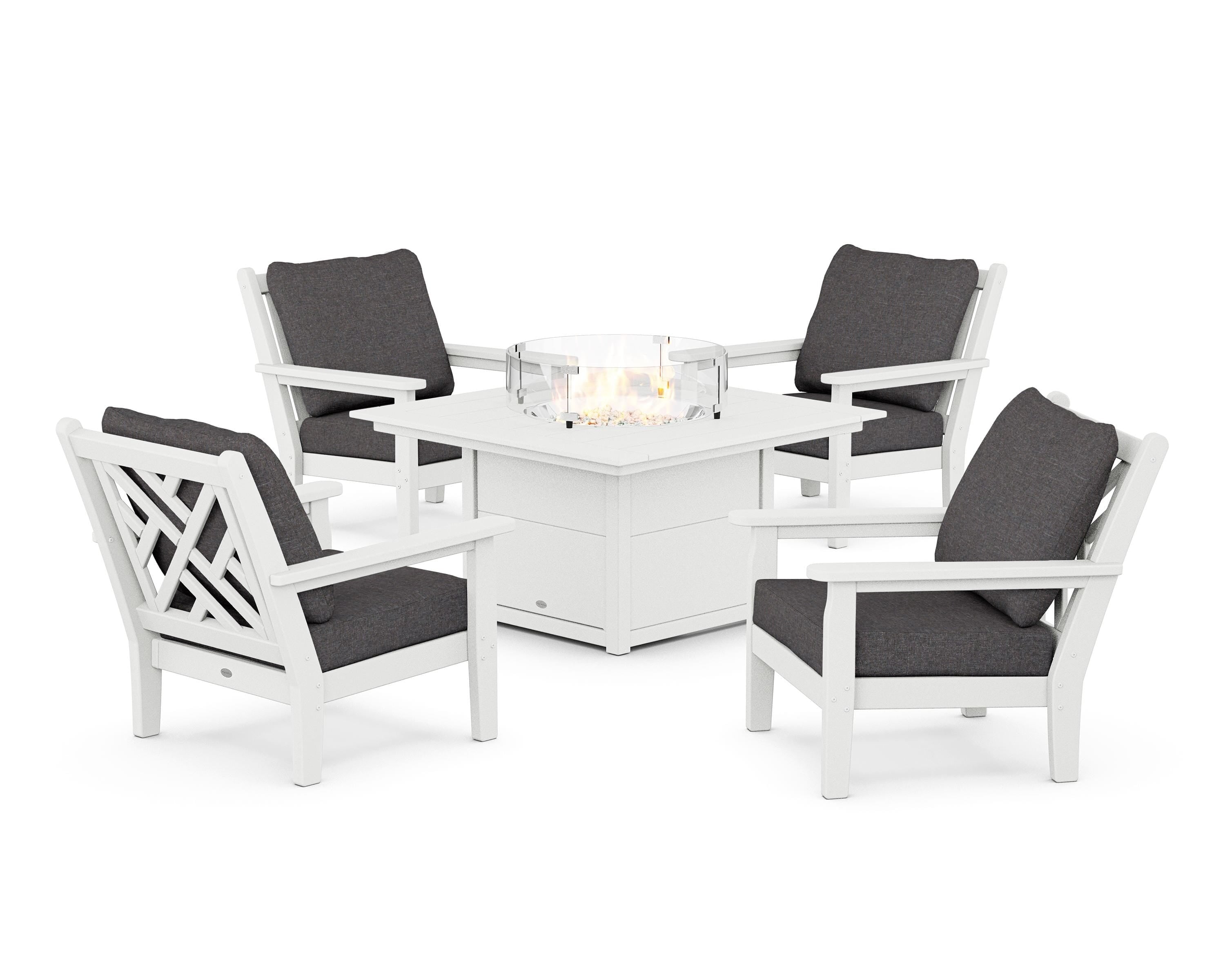 POLYWOOD® Chippendale 5-Piece Deep Seating Set with Fire Pit Table in White / Ash Charcoal