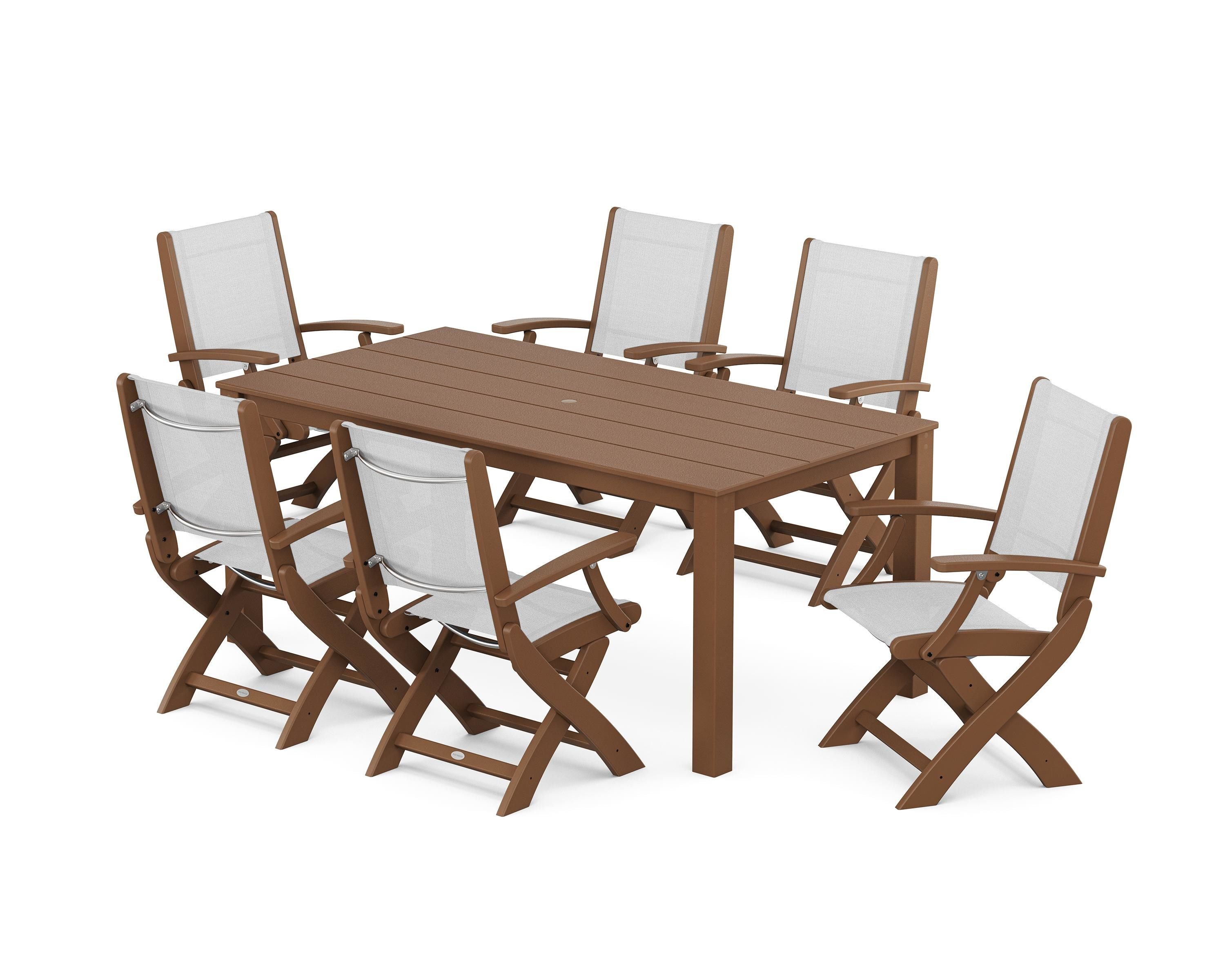 POLYWOOD® Coastal Folding Chair 7-Piece Parsons Dining Set in Teak / White Sling