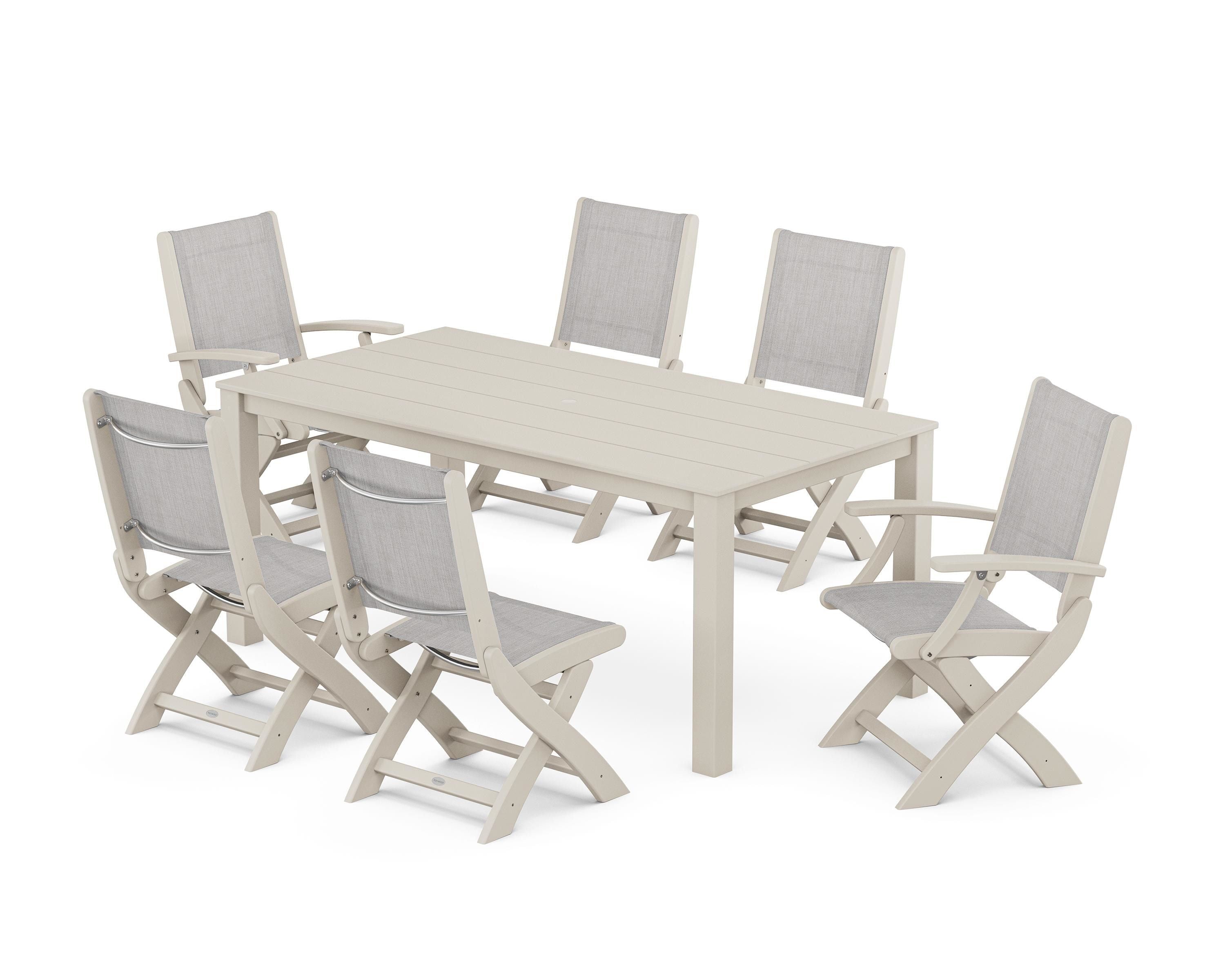 POLYWOOD® Coastal Folding Chair 7-Piece Parsons Dining Set in Sand / Parchment Sling