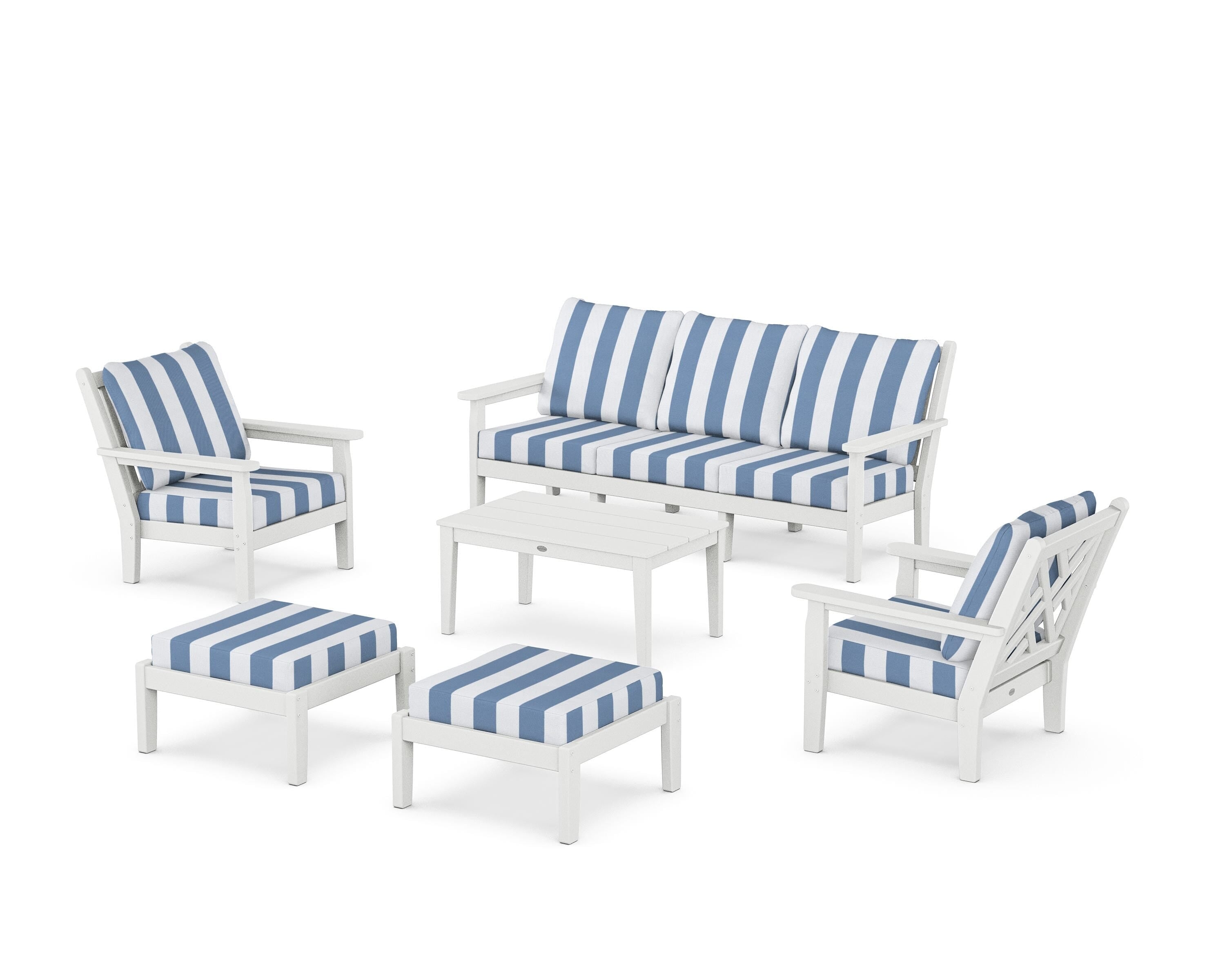 POLYWOOD® Chippendale 6-Piece Lounge Sofa Set in White / Cabana Stripe Sky Blue