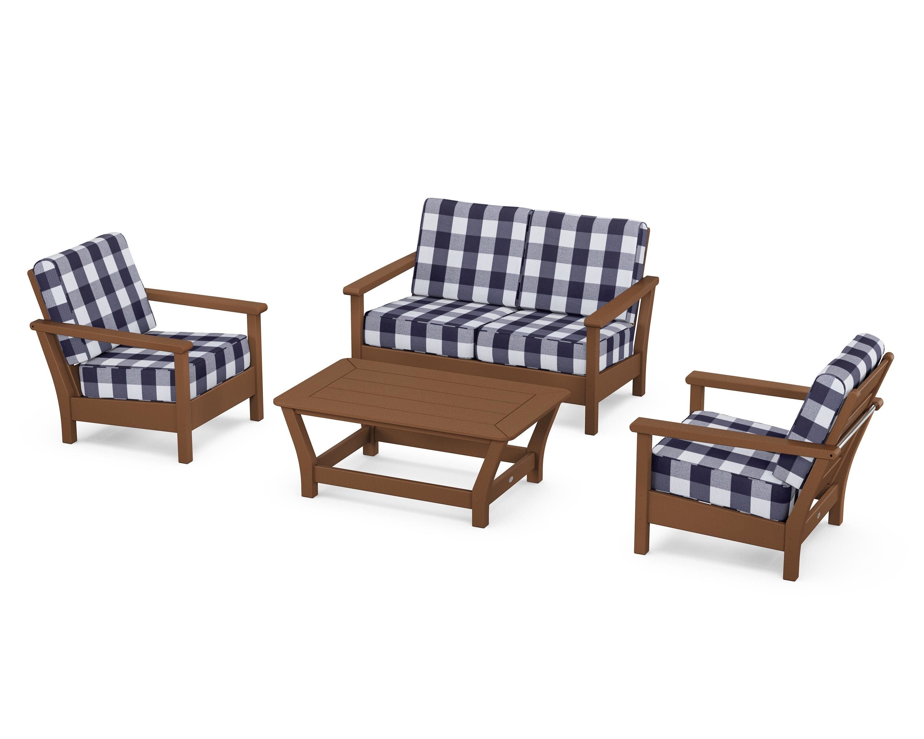 POLYWOOD® Harbour 4-Piece Deep Seating Set in Teak / Buffalo Plaid Navy