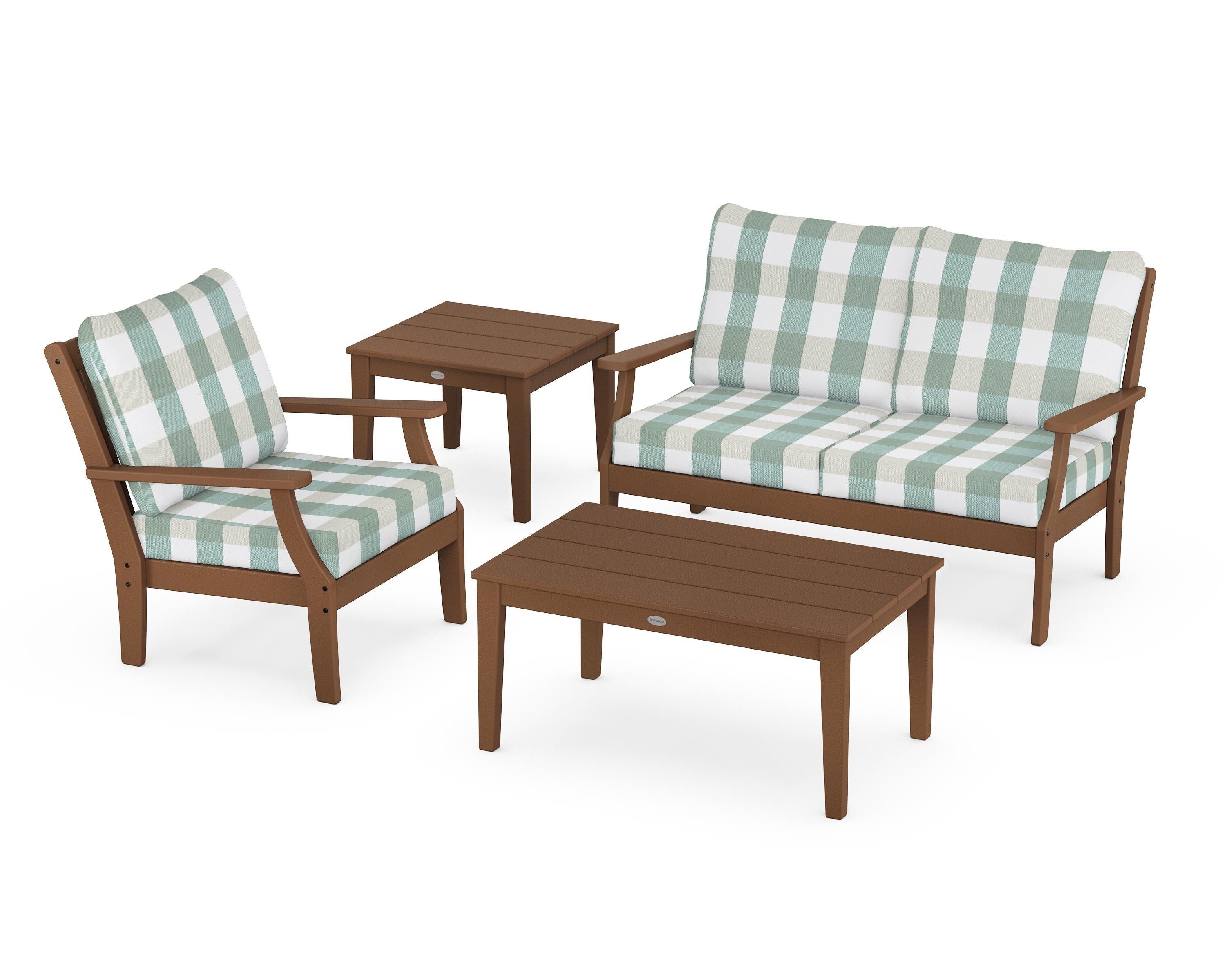 POLYWOOD® Braxton 4-Piece Deep Seating Set in Teak / Buffalo Plaid Glacier Spa