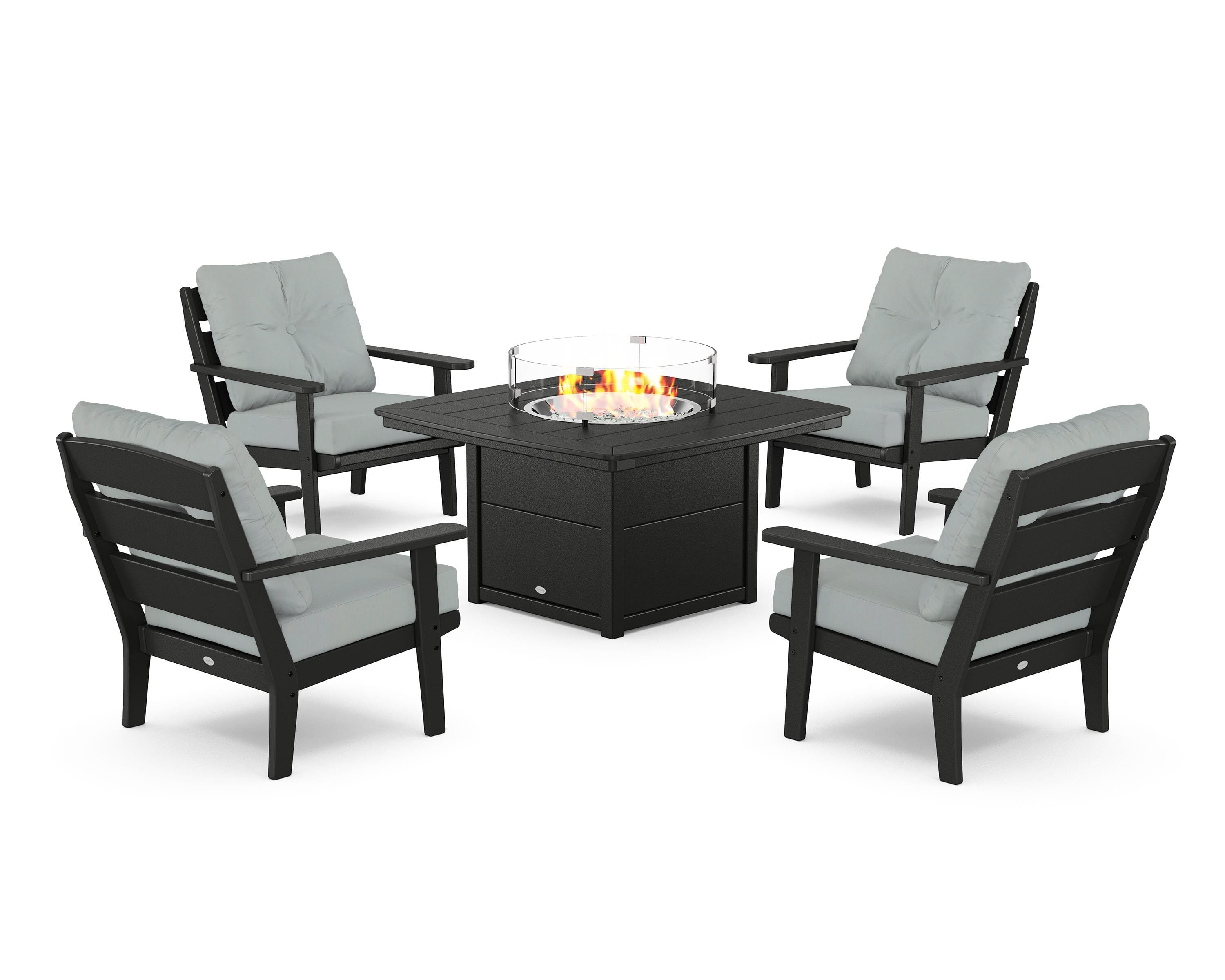POLYWOOD® Lakeside 5-Piece Deep Seating Set with Nautical Fire Pit Table in Black / Spa