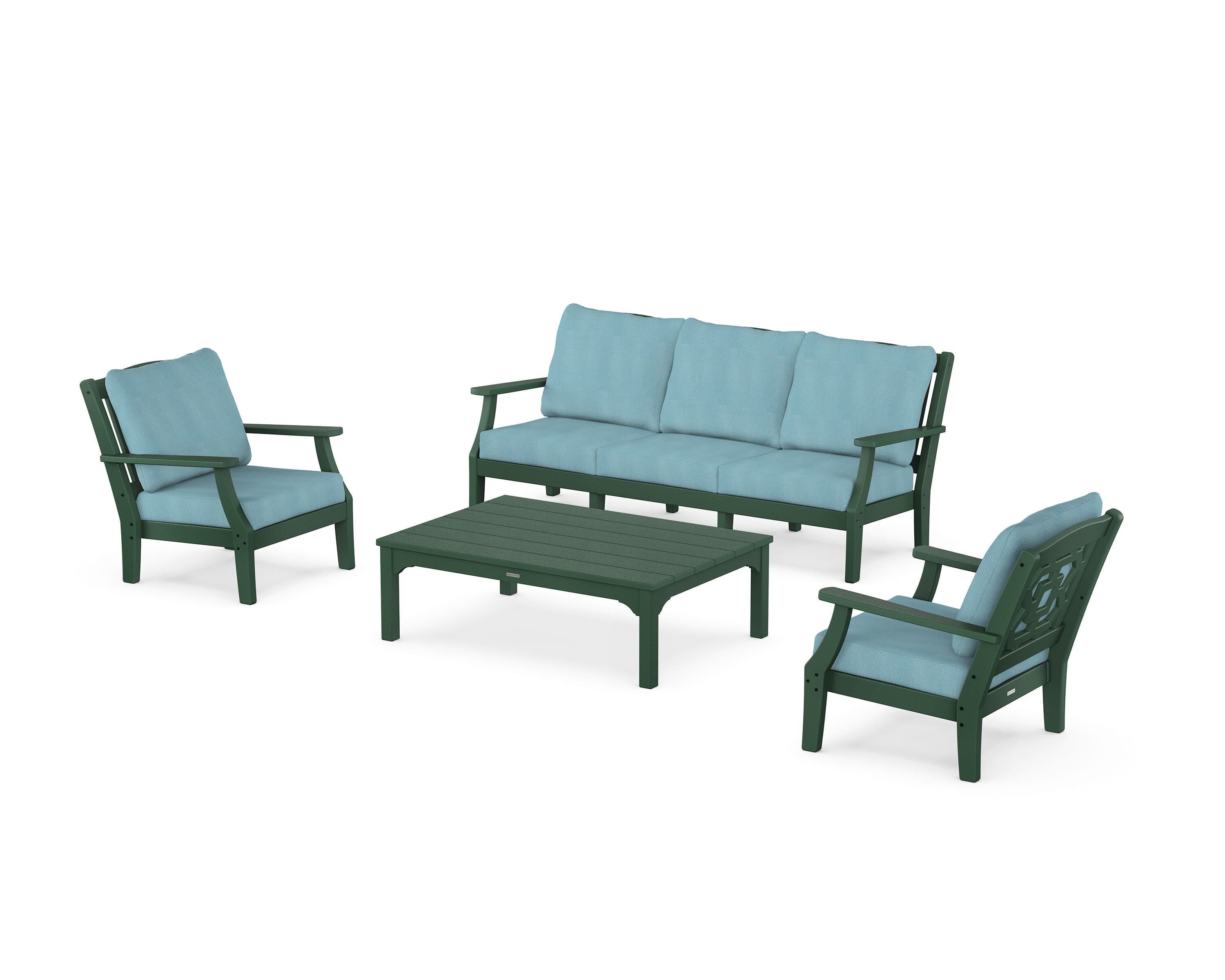 Martha Stewart by POLYWOOD® Chinoiserie 4-Piece Deep Seating Set with Sofa in Green / Lattice Sky Blue