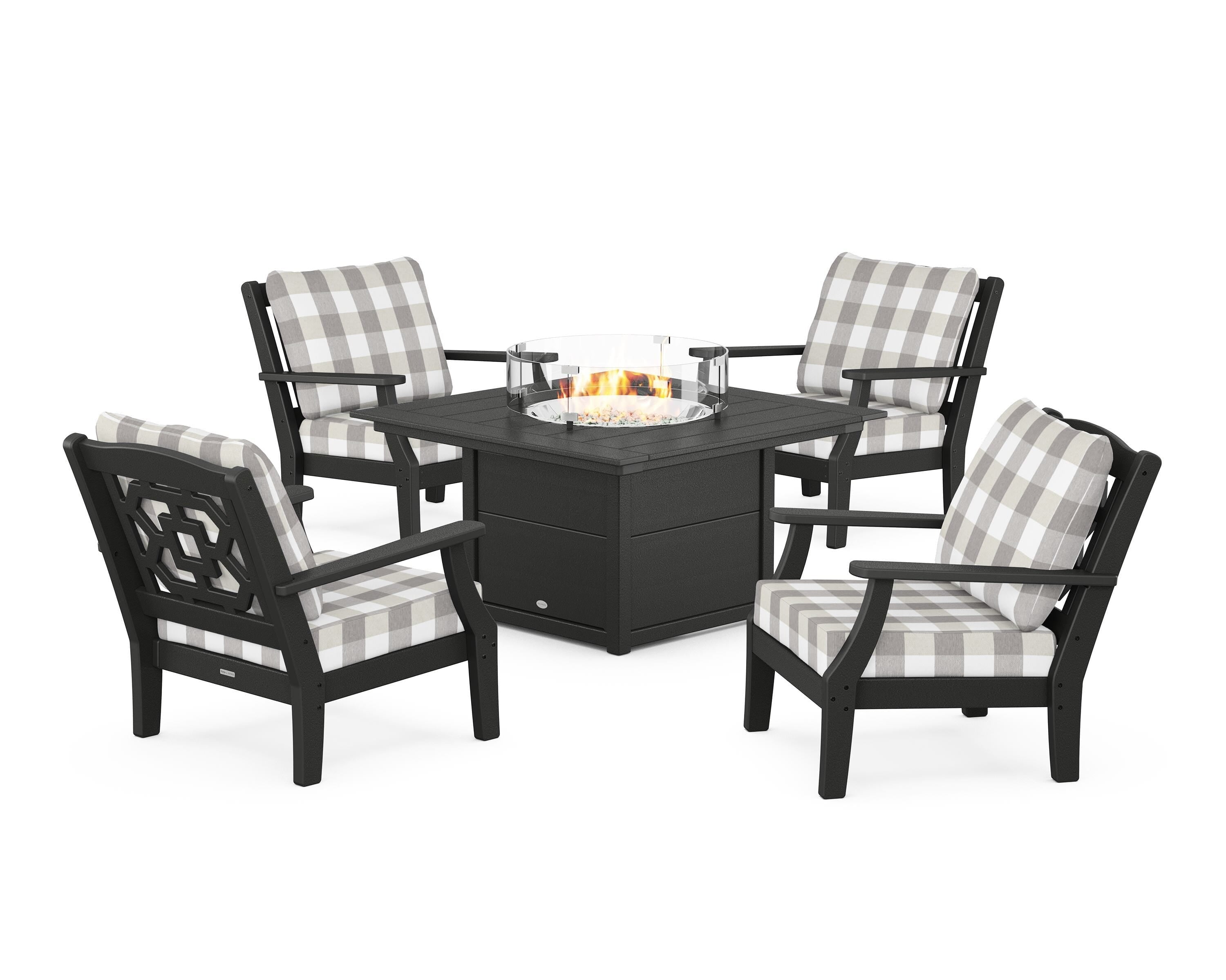 Martha Stewart by POLYWOOD® Chinoiserie 5-Piece Deep Seating Set with Fire Pit Table in Black / Buffalo Plaid Grey Mist