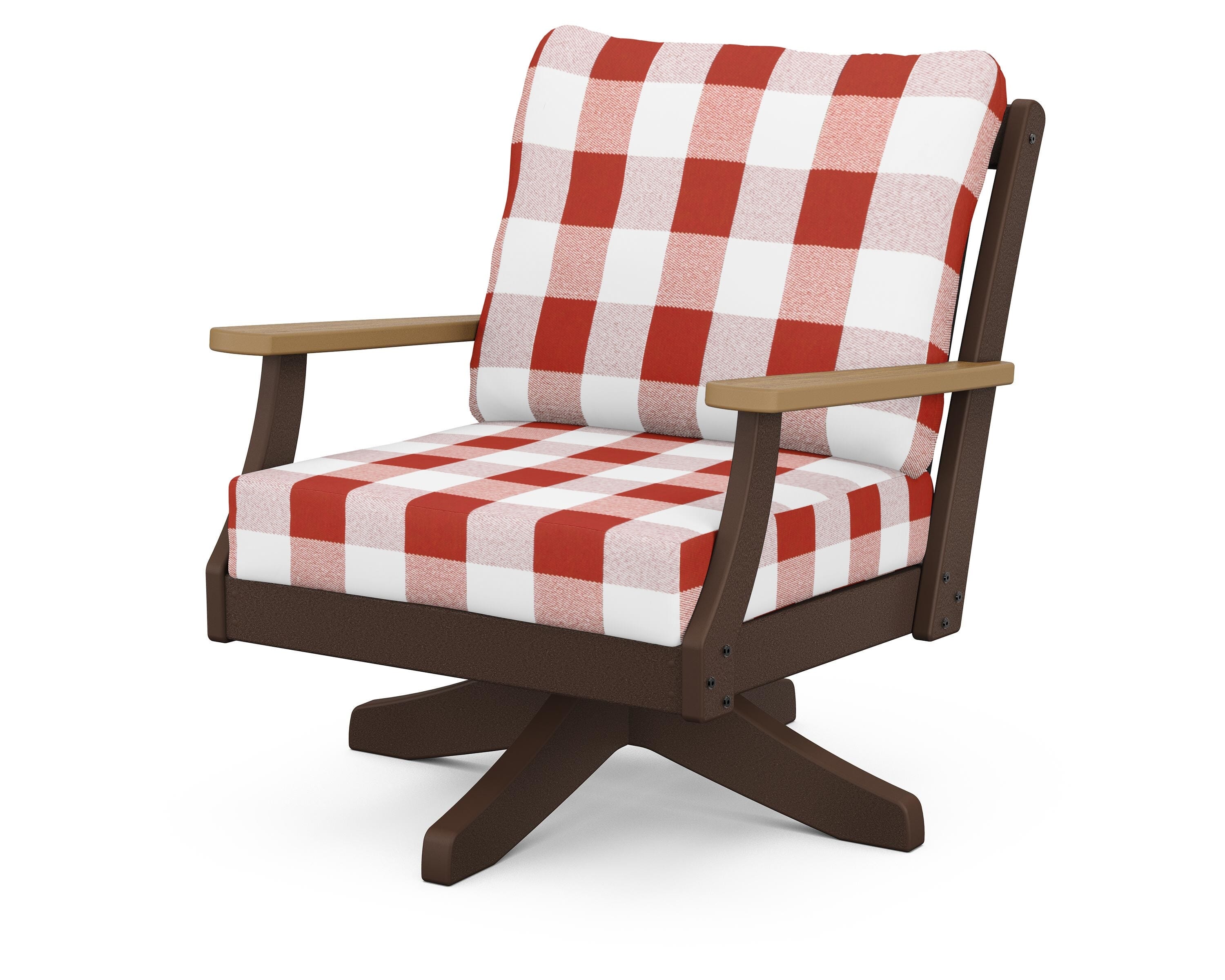 POLYWOOD® Braxton Deep Seating Swivel Chair in Mahogany / Natural / Buffalo Plaid Crimson