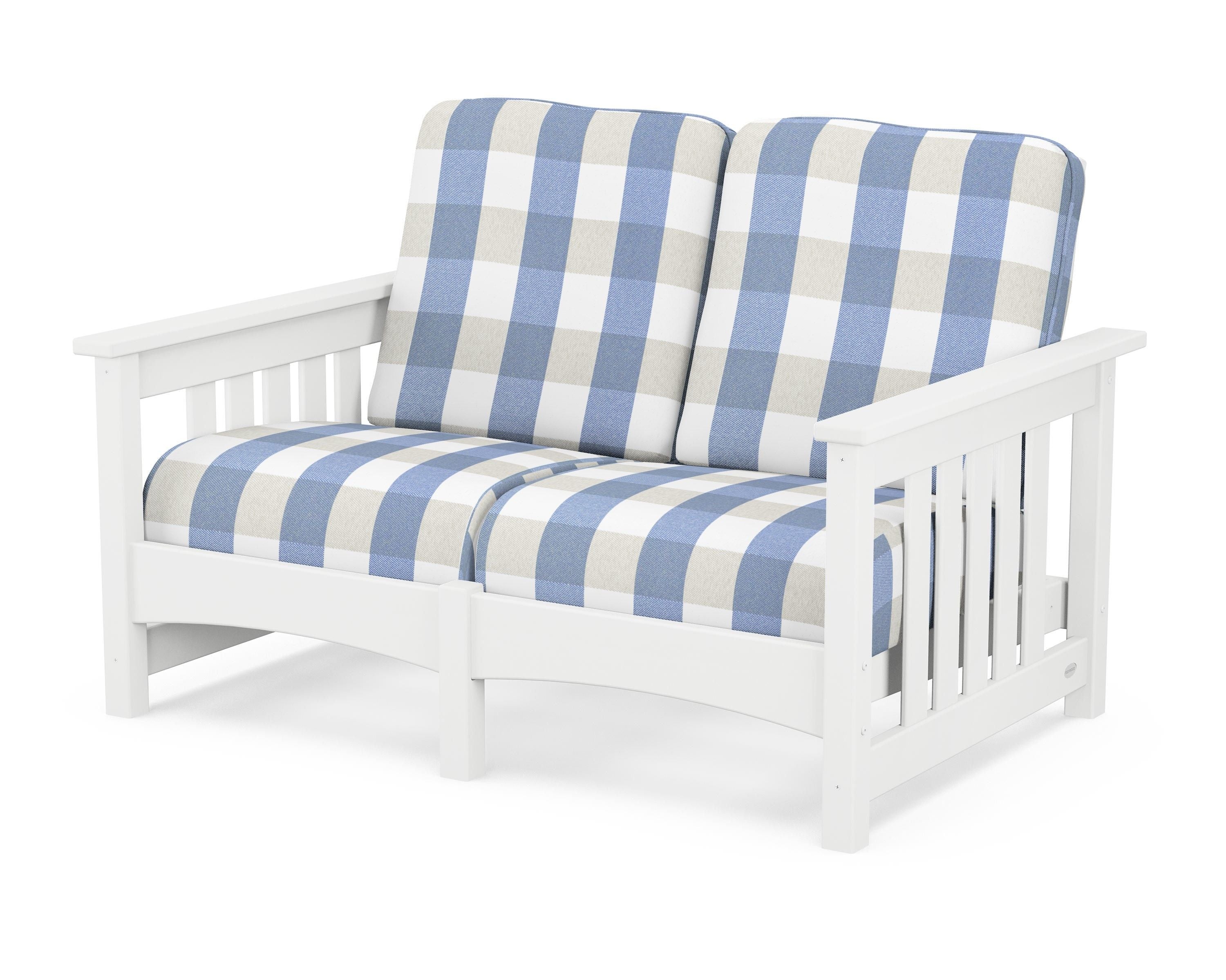 POLYWOOD® Club Mission Loveseat in White / Buffalo Plaid Sky Blue
