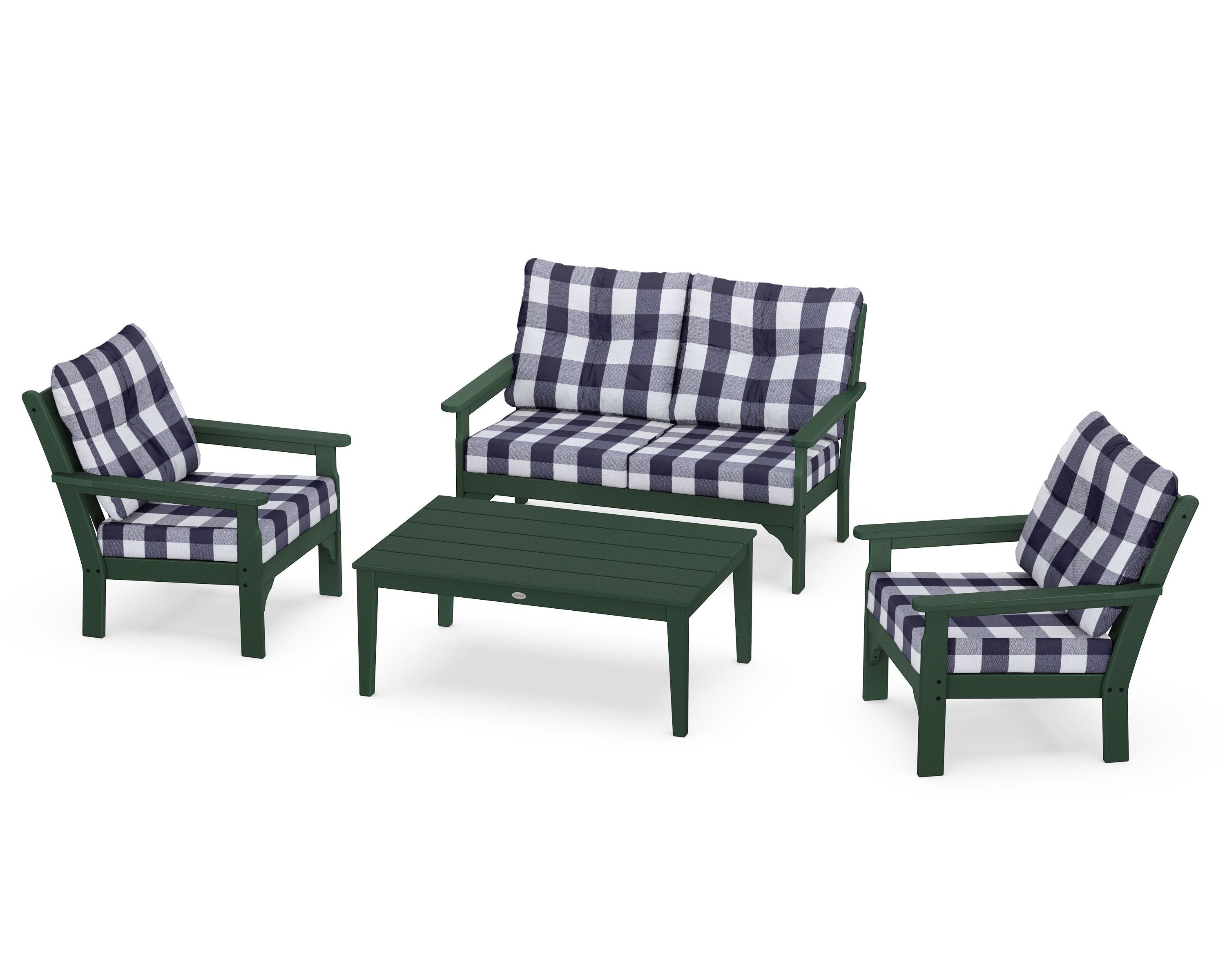 POLYWOOD® Vineyard 4-Piece Deep Seating Set in Green / Buffalo Plaid Navy