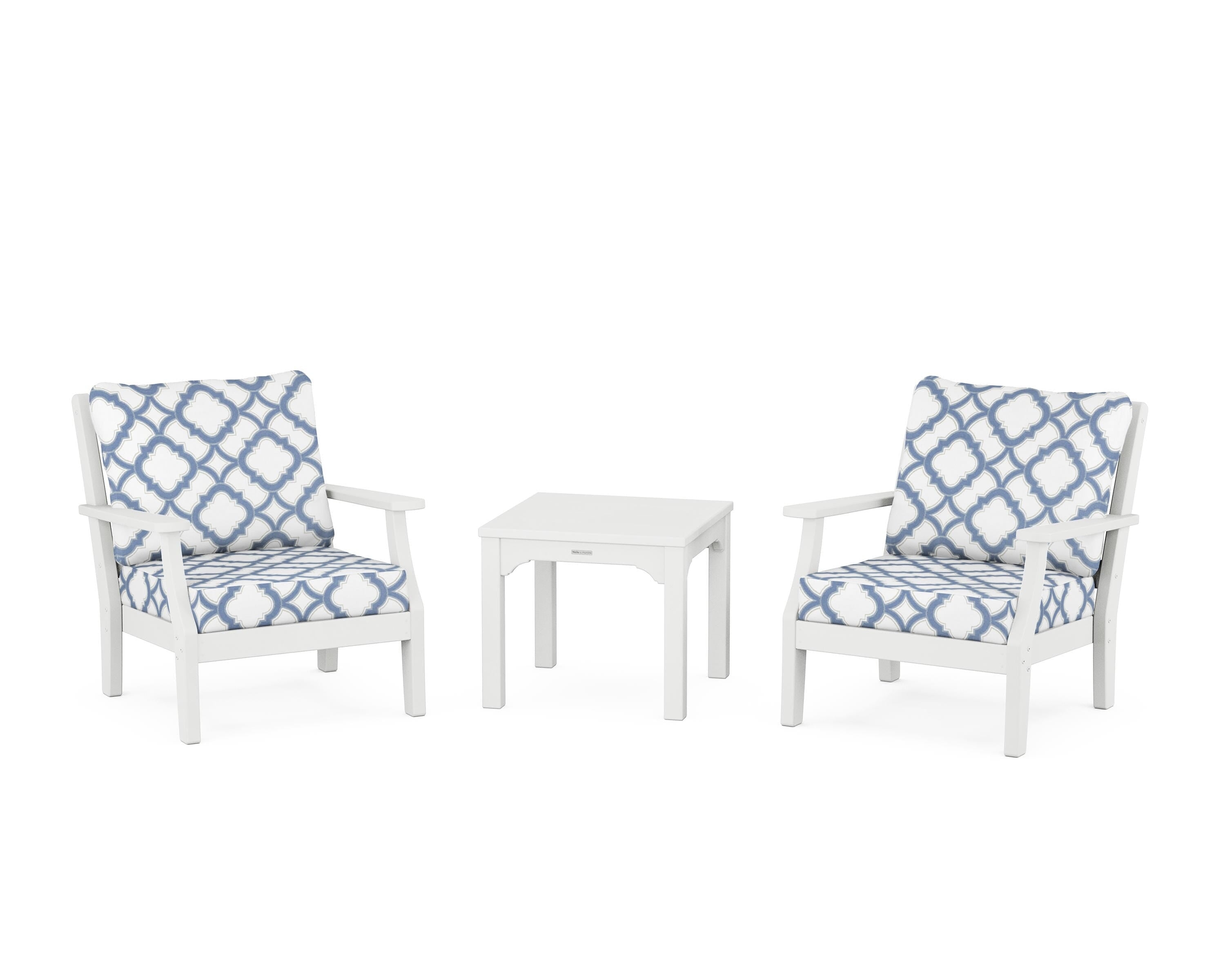 Martha Stewart by POLYWOOD® Chinoiserie 3-Piece Deep Seating Set in White / Trellis Sky Blue