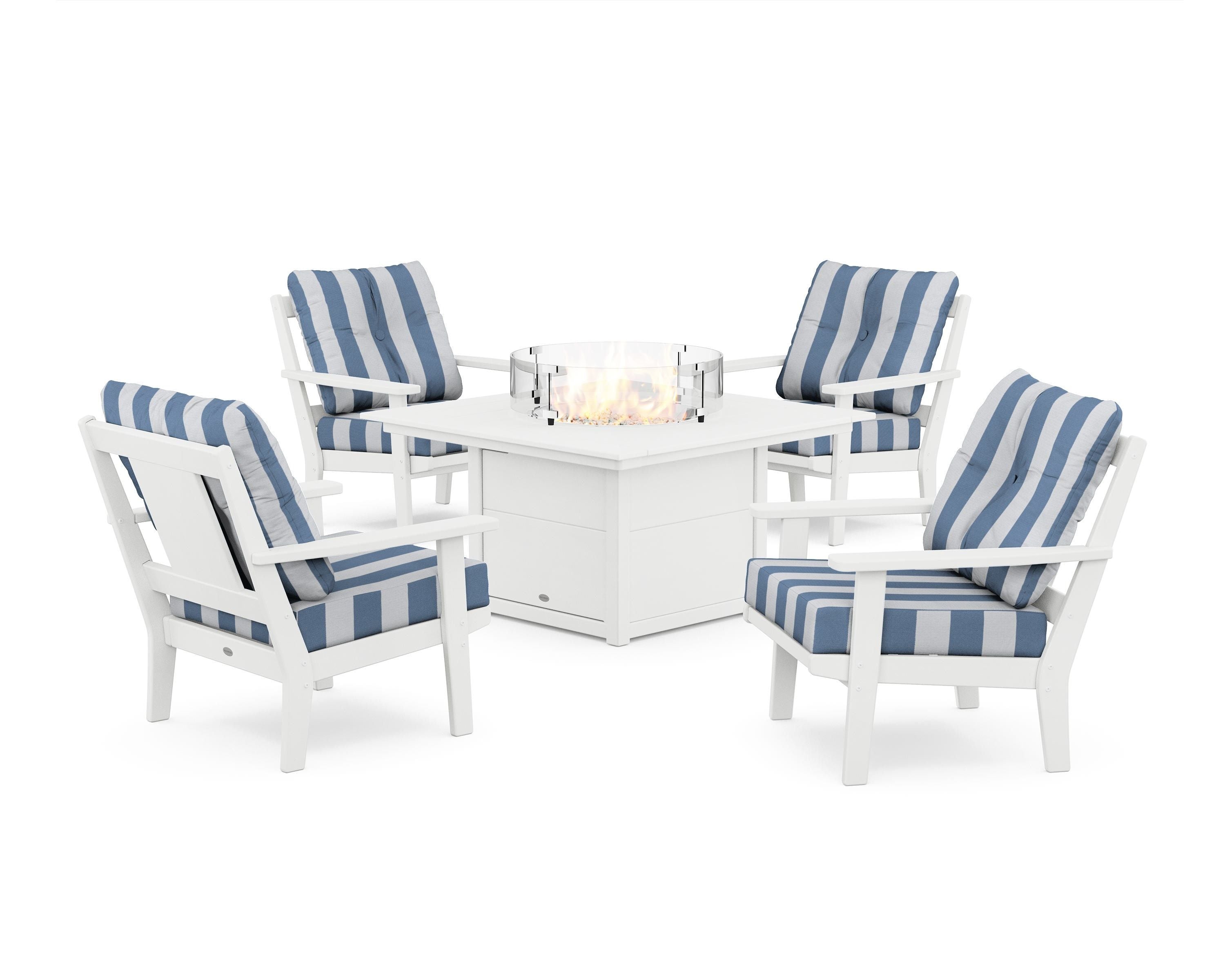 POLYWOOD® Prairie 5-Piece Deep Seating Set with Fire Pit Table in White / Cabana Stripe Sky Blue