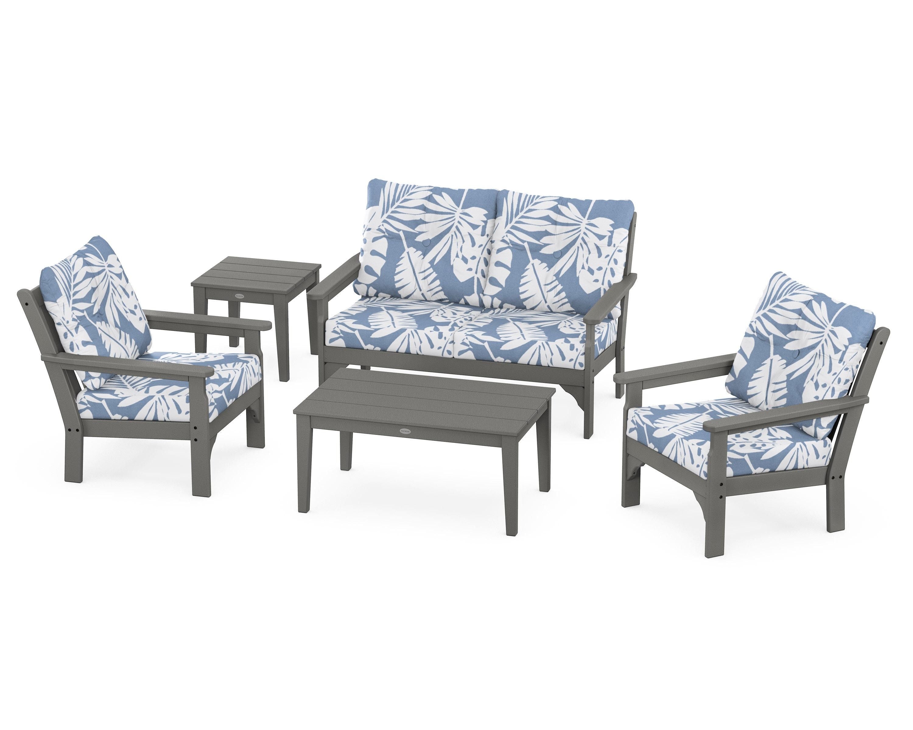 POLYWOOD® Vineyard 5-Piece Deep Seating Set in Slate Grey / Leaf Sky Blue
