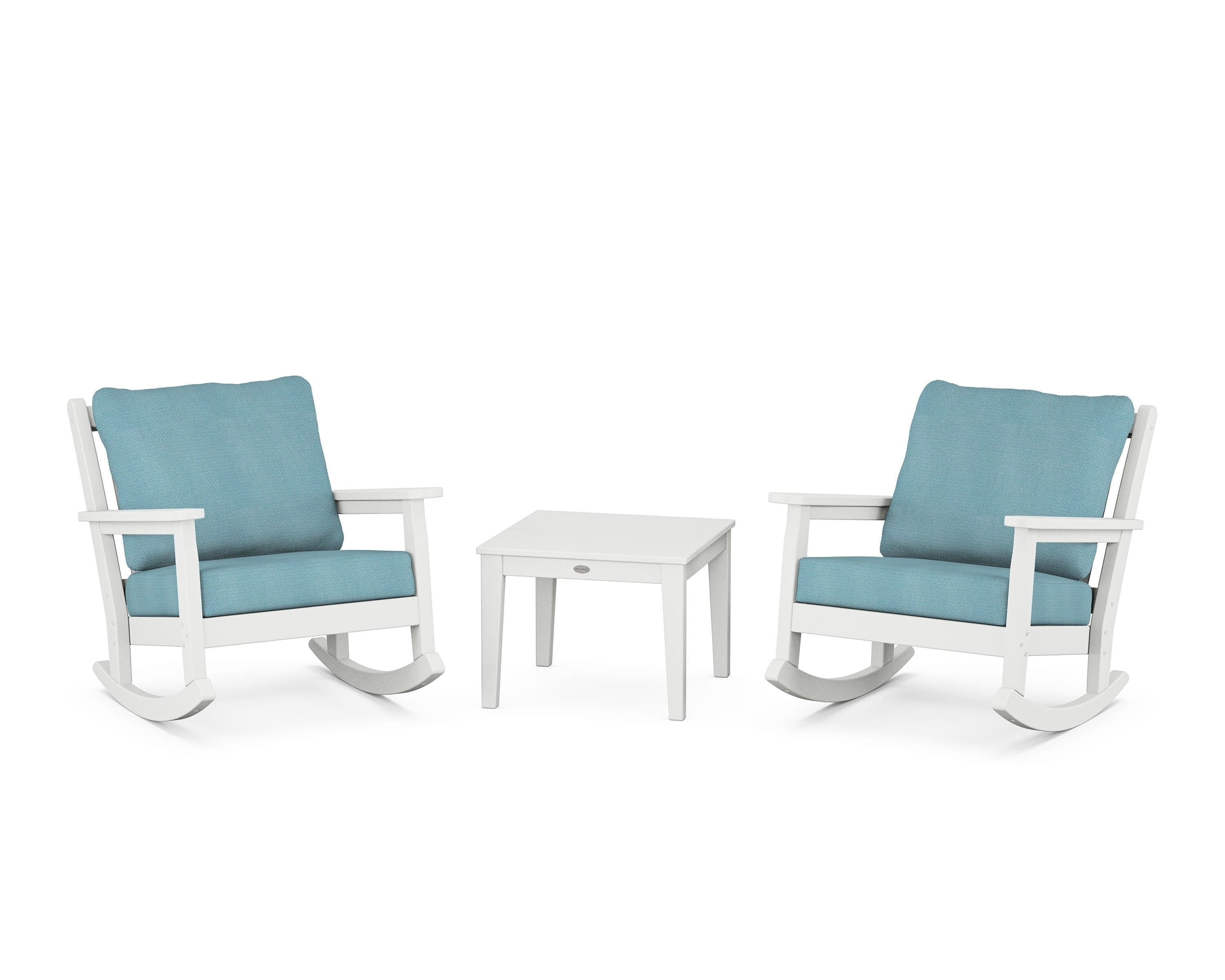 POLYWOOD® Chippendale 3-Piece Deep Seating Rocker Set in White / Lattice Sky Blue