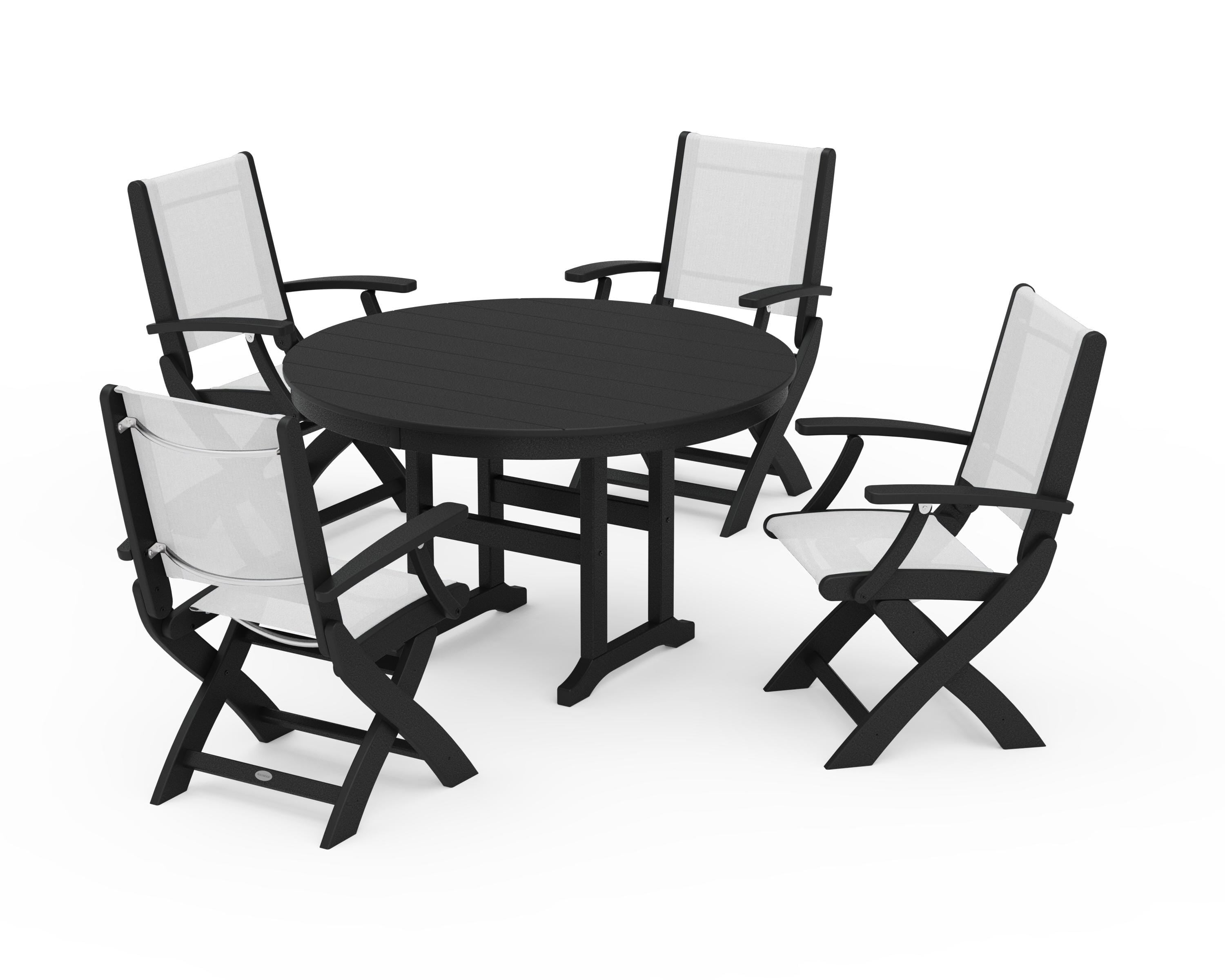 POLYWOOD® Coastal Folding Chair 5-Piece Round Dining Set in Black / White Sling