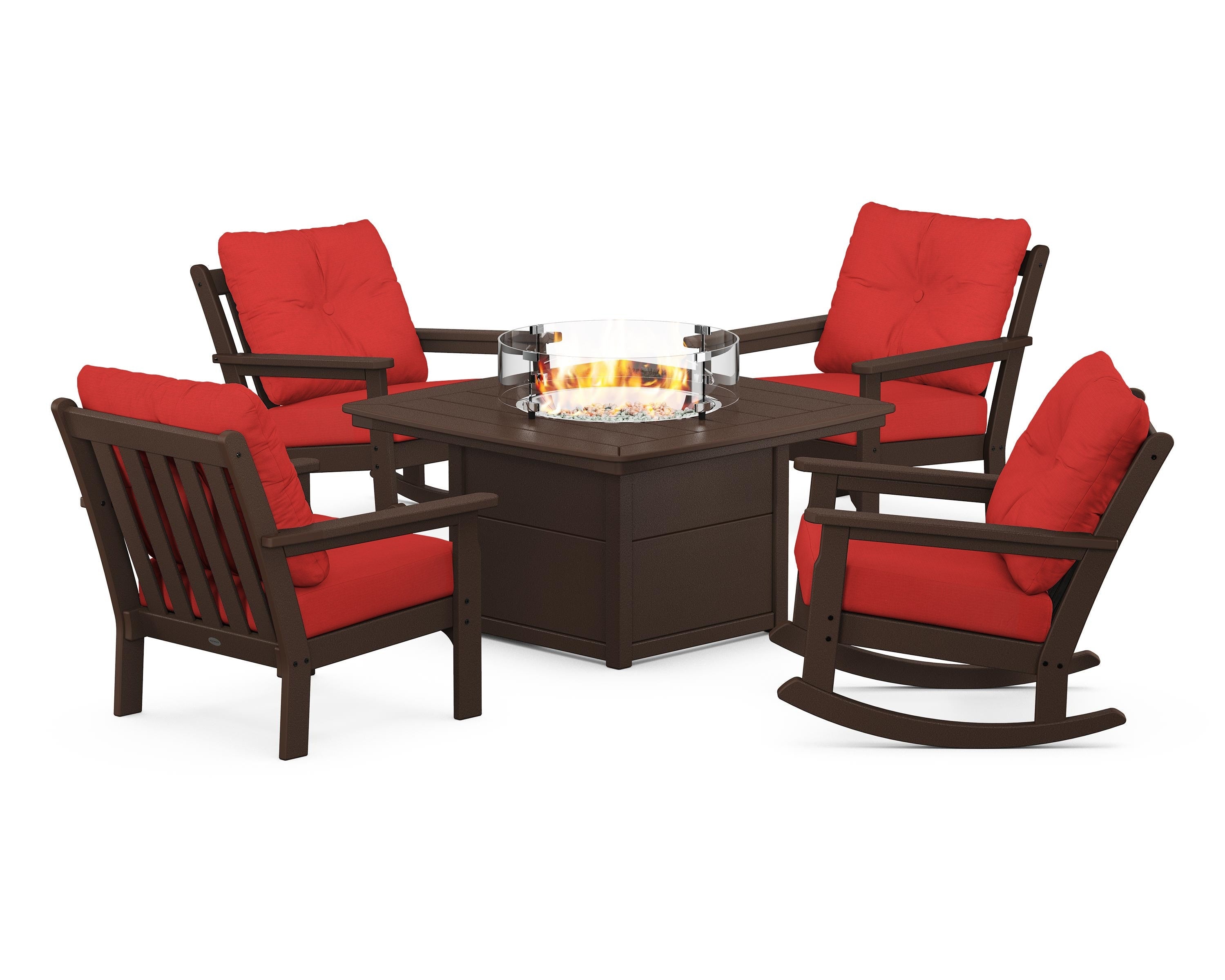 POLYWOOD® Vineyard 5-Piece Deep Seating Rocking Chair Conversation Set with Fire Pit Table in Mahogany / Crimson Linen