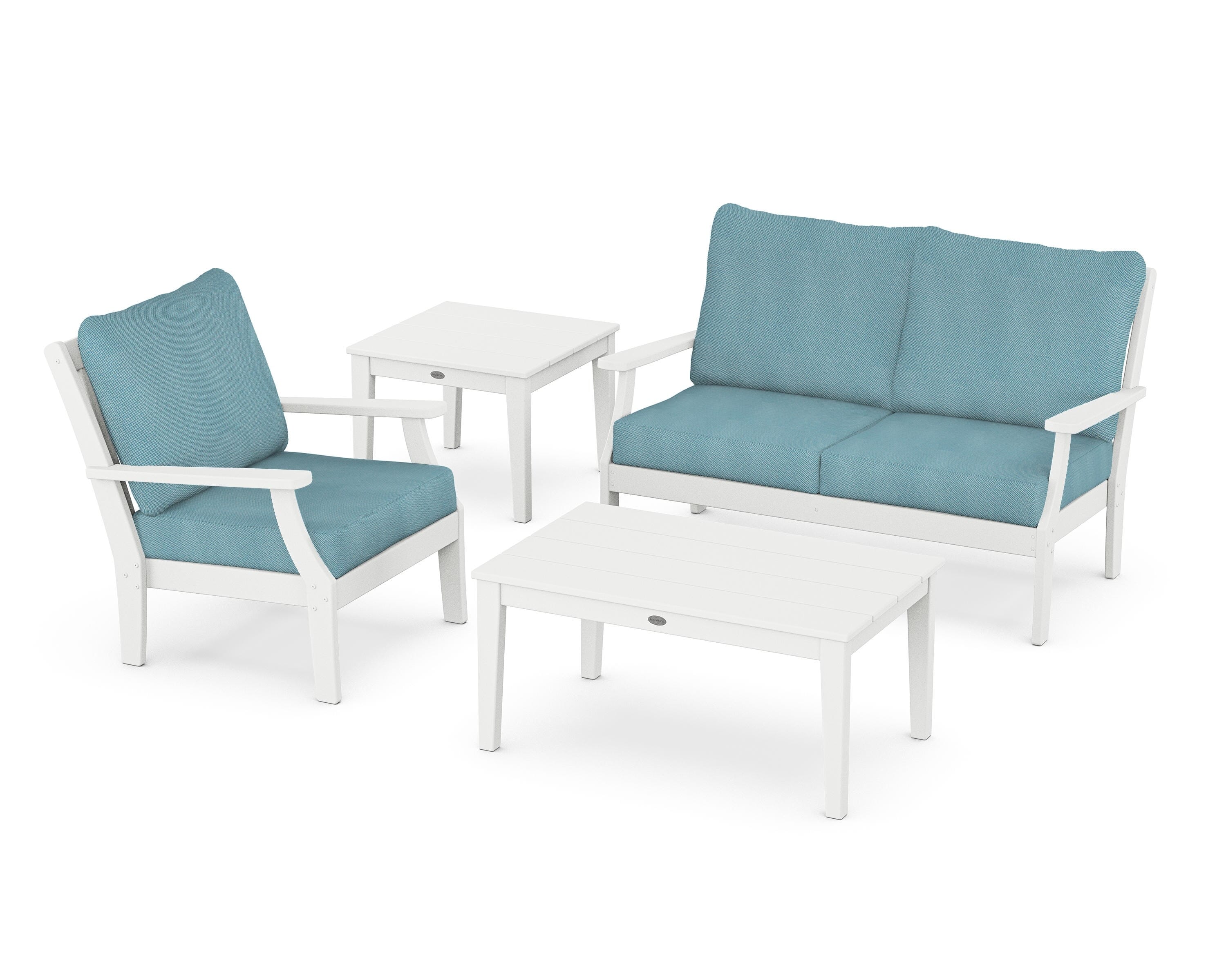 POLYWOOD® Braxton 4-Piece Deep Seating Set in White / Lattice Sky Blue