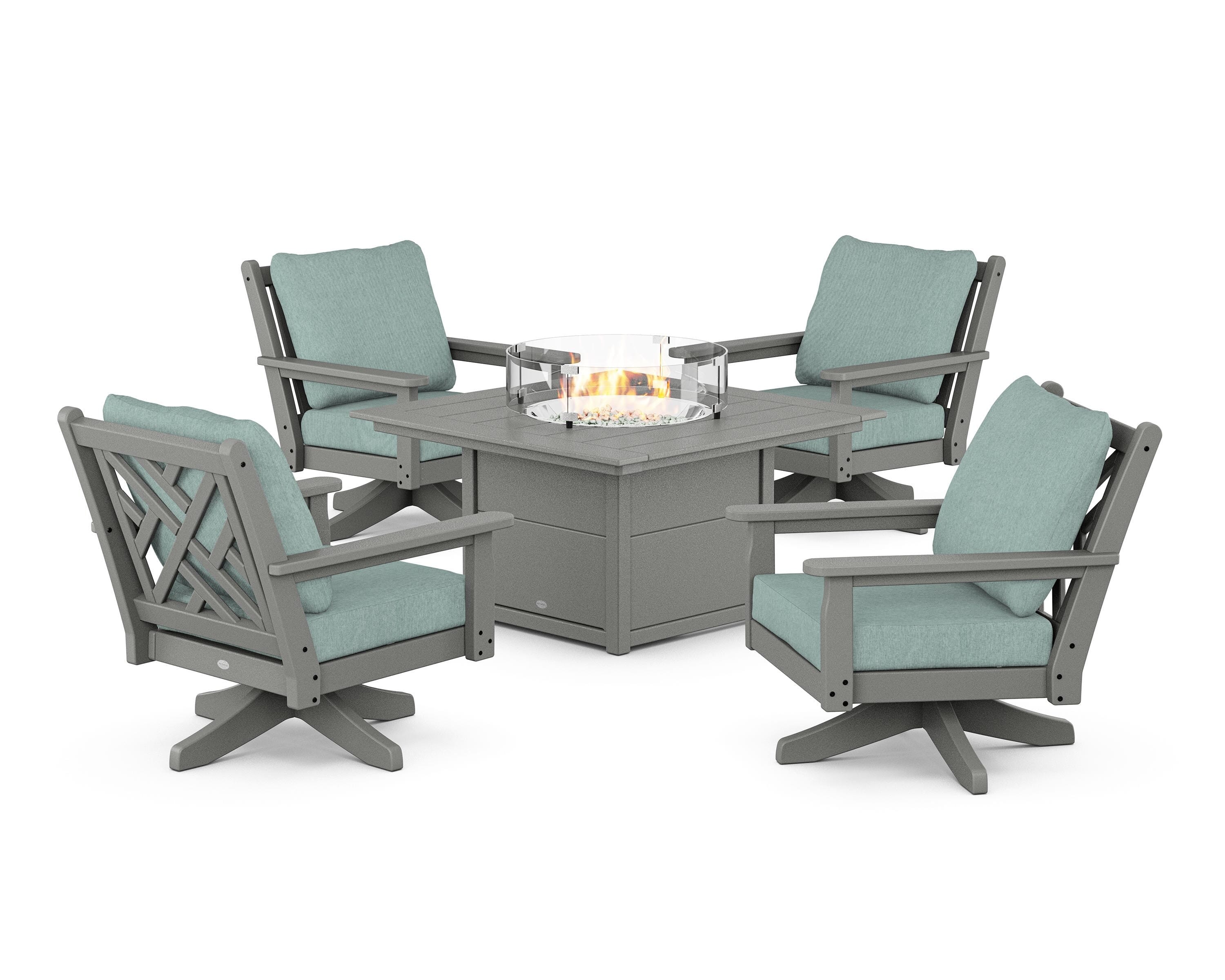 POLYWOOD® Chippendale 5-Piece Deep Seating Swivel Conversation Set with Fire Pit Table in Slate Grey / Glacier Spa