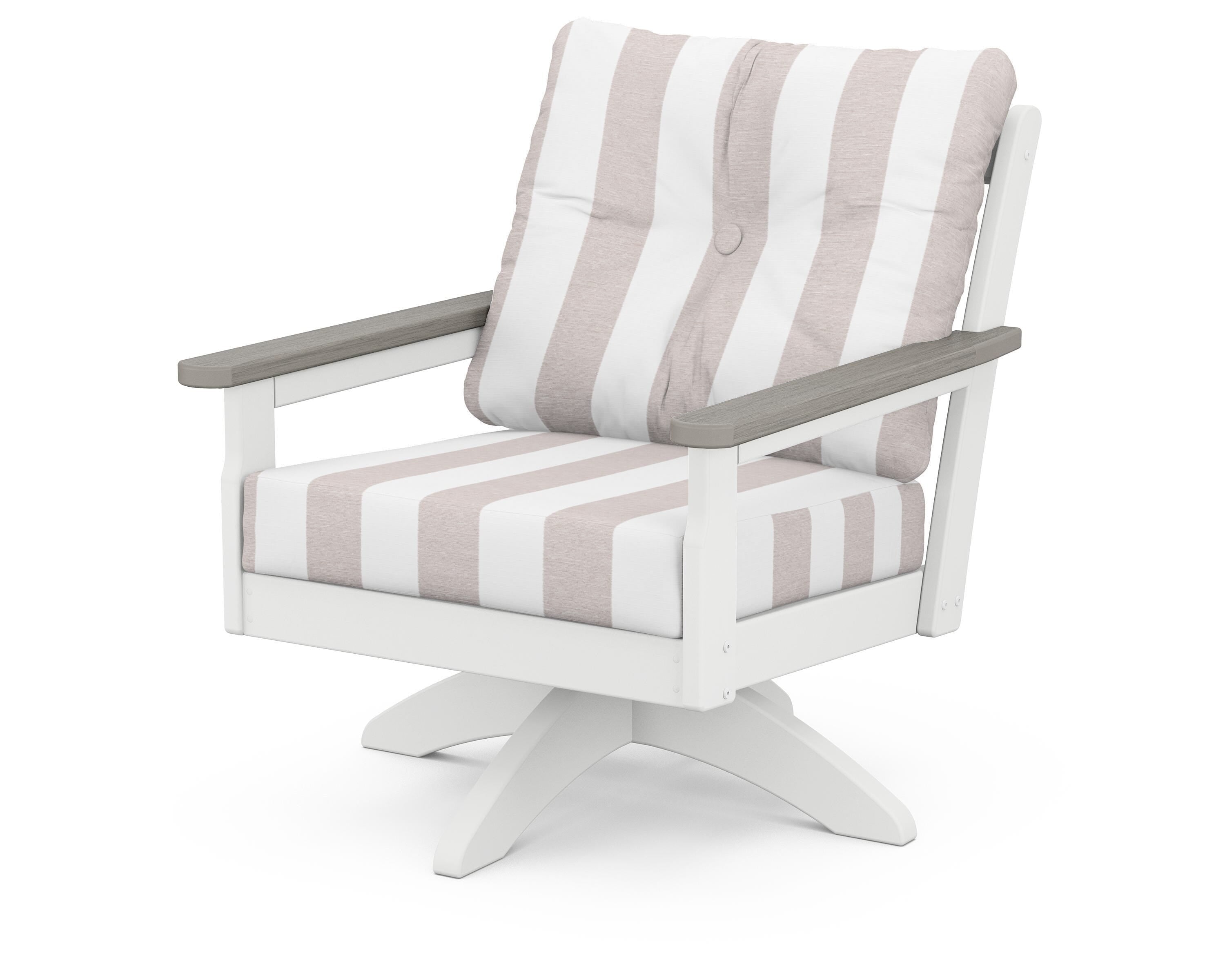 POLYWOOD® Vineyard Deep Seating Swivel Chair in White / Driftwood / Cabana Stripe Dune Burlap
