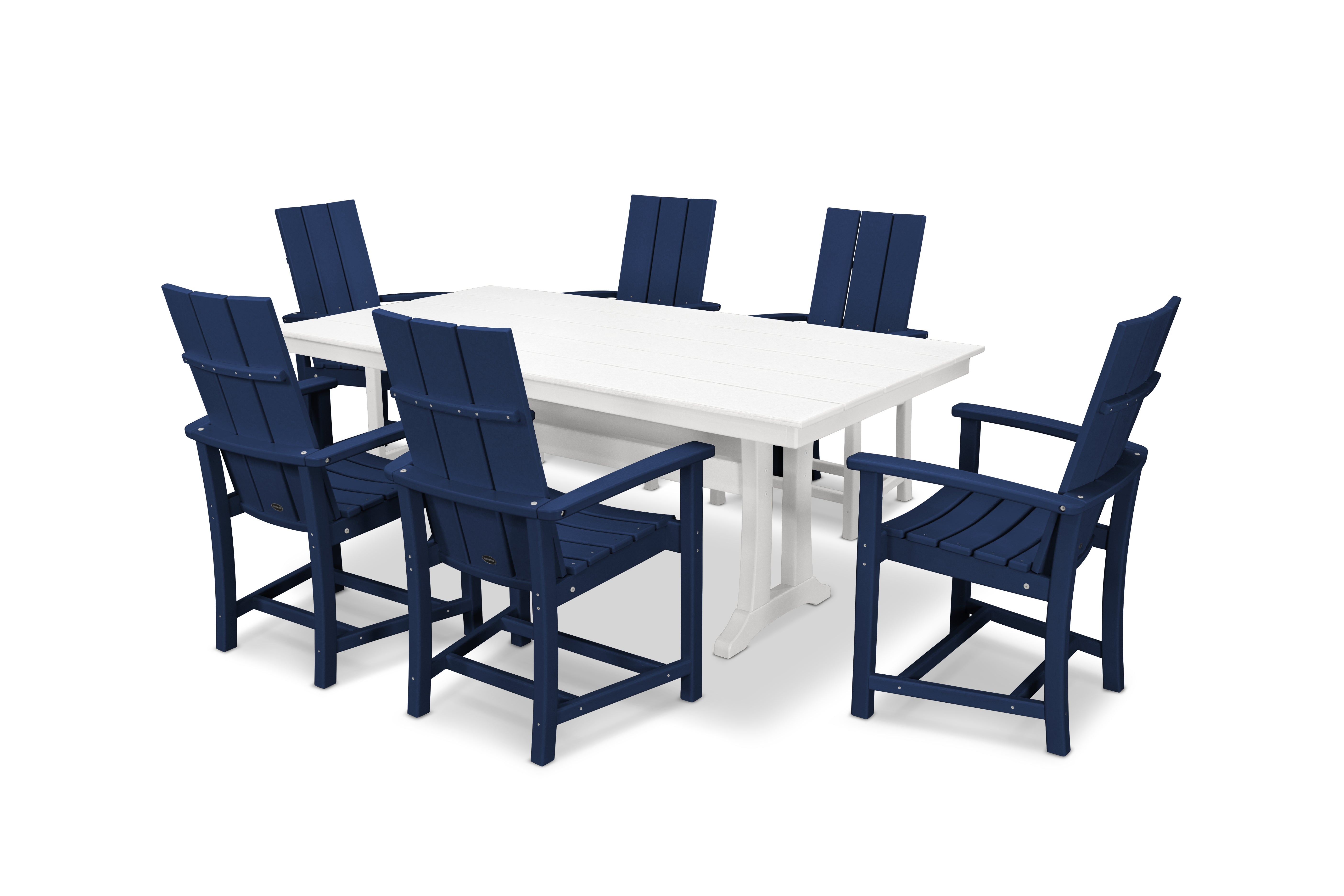 POLYWOOD® Modern Adirondack 7-Piece Farmhouse Dining Set with Trestle Legs in Navy / White