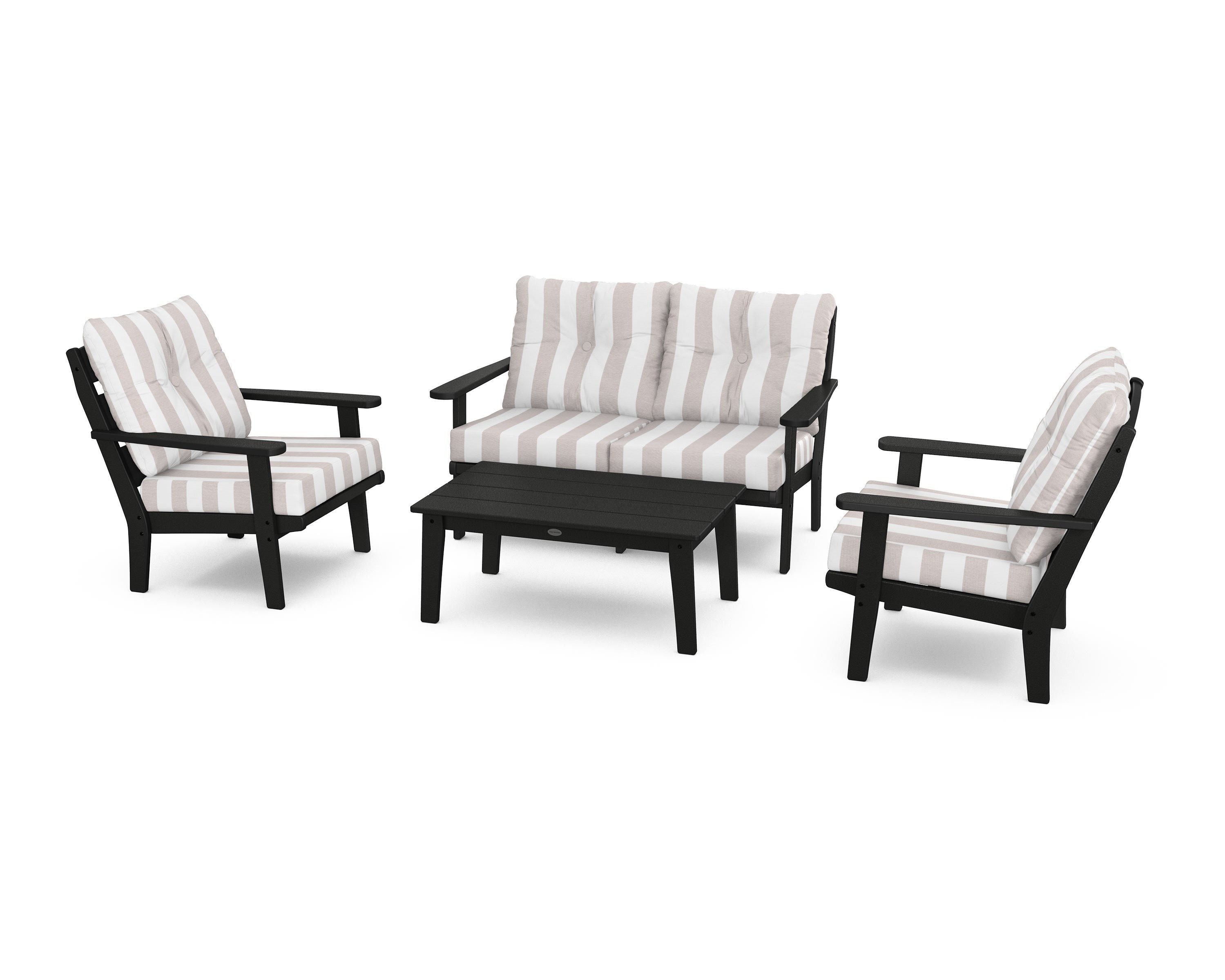 POLYWOOD® Lakeside 4-Piece Deep Seating Set in Black / Cabana Stripe Dune Burlap