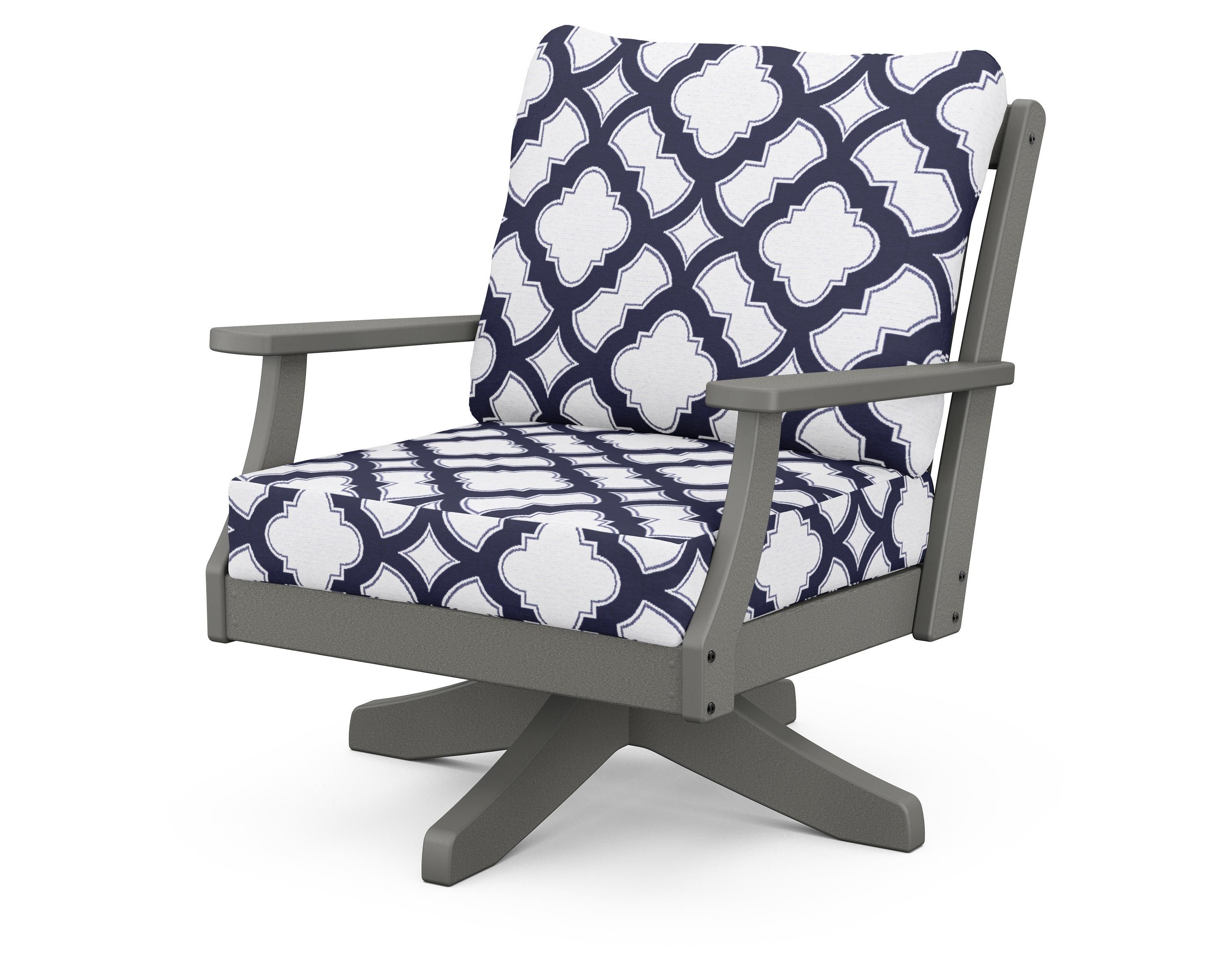 POLYWOOD® Braxton Deep Seating Swivel Chair in Slate Grey / Trellis Navy
