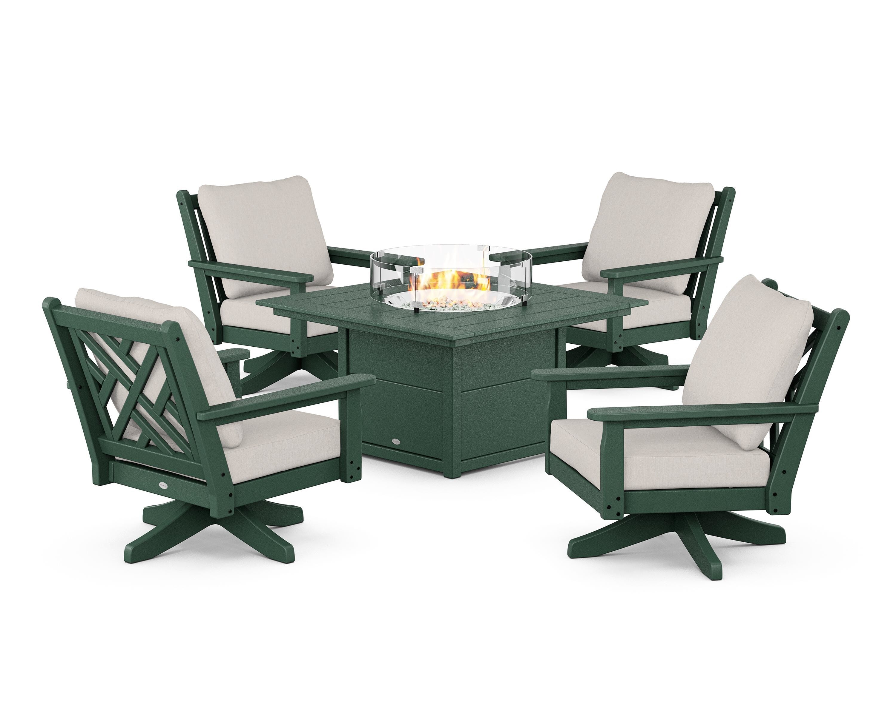 POLYWOOD® Chippendale 5-Piece Deep Seating Swivel Conversation Set with Fire Pit Table in Green / Cast Ash