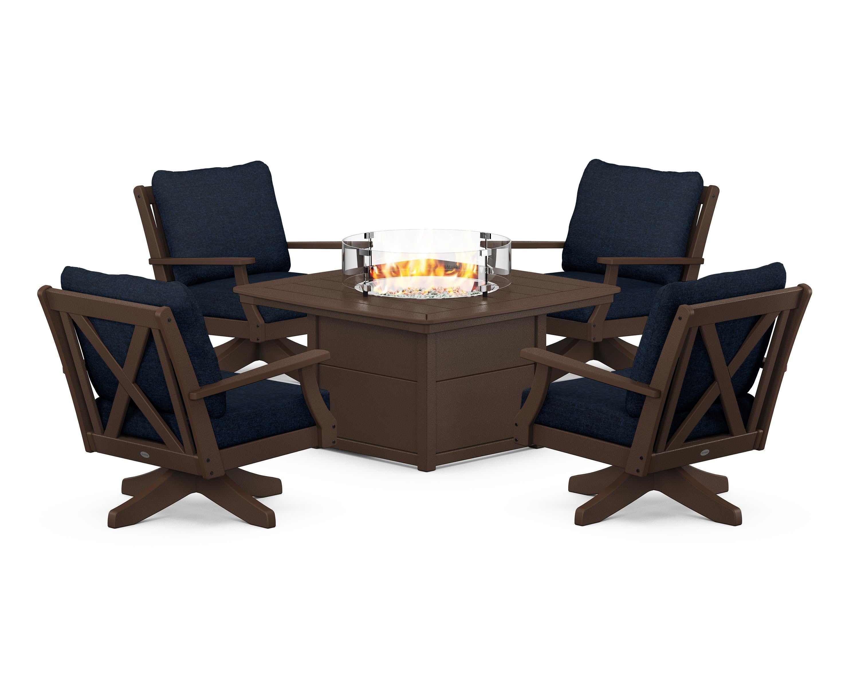 POLYWOOD® Braxton 5-Piece Deep Seating Swivel Conversation Set with Fire Pit Table in Mahogany / Marine Indigo
